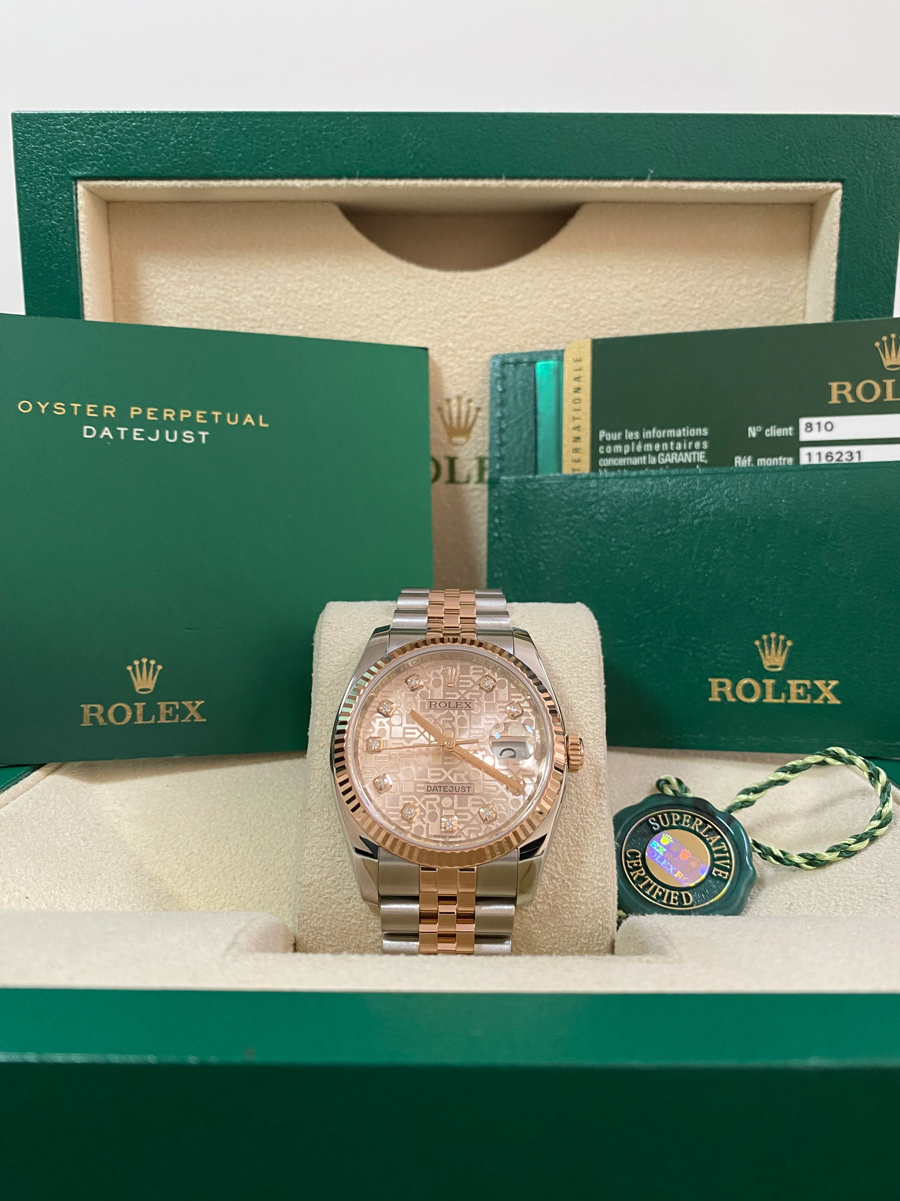 Rolex Steel and Everose Gold Datejust 36 - 2011 - Fluted Bezel - Anniversary Diamond Dial - Jubilee Bracelet - 116231 *FULL SET*