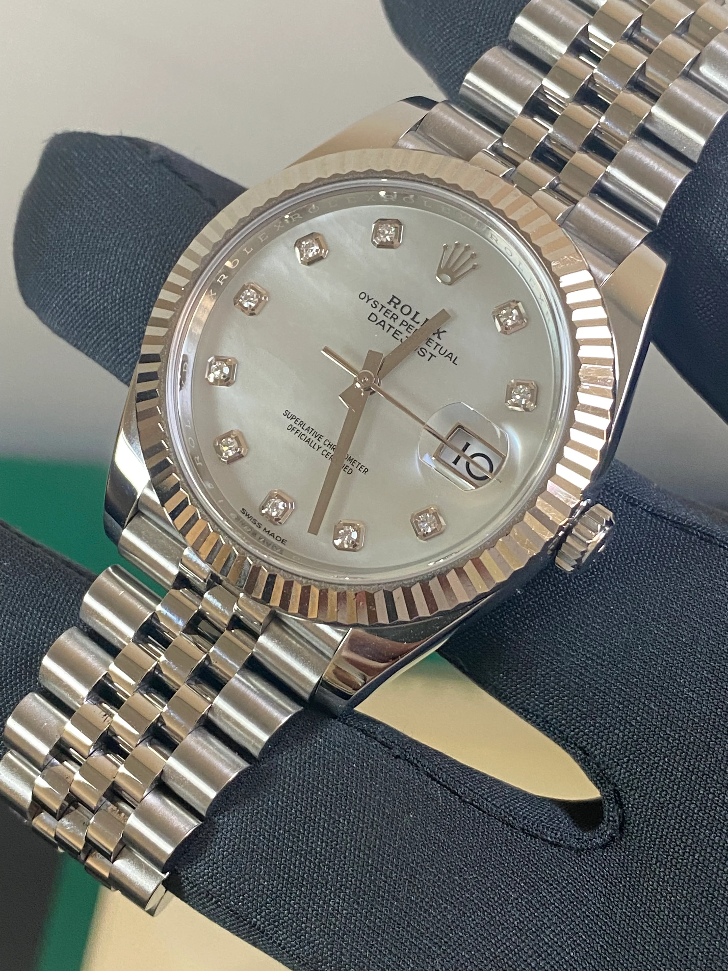 Rolex Steel and White Gold Rolesor Datejust 41 - 2018 - Fluted Bezel - White Mother-Of-Pearl Diamond Dial - Jubilee Bracelet - 126334