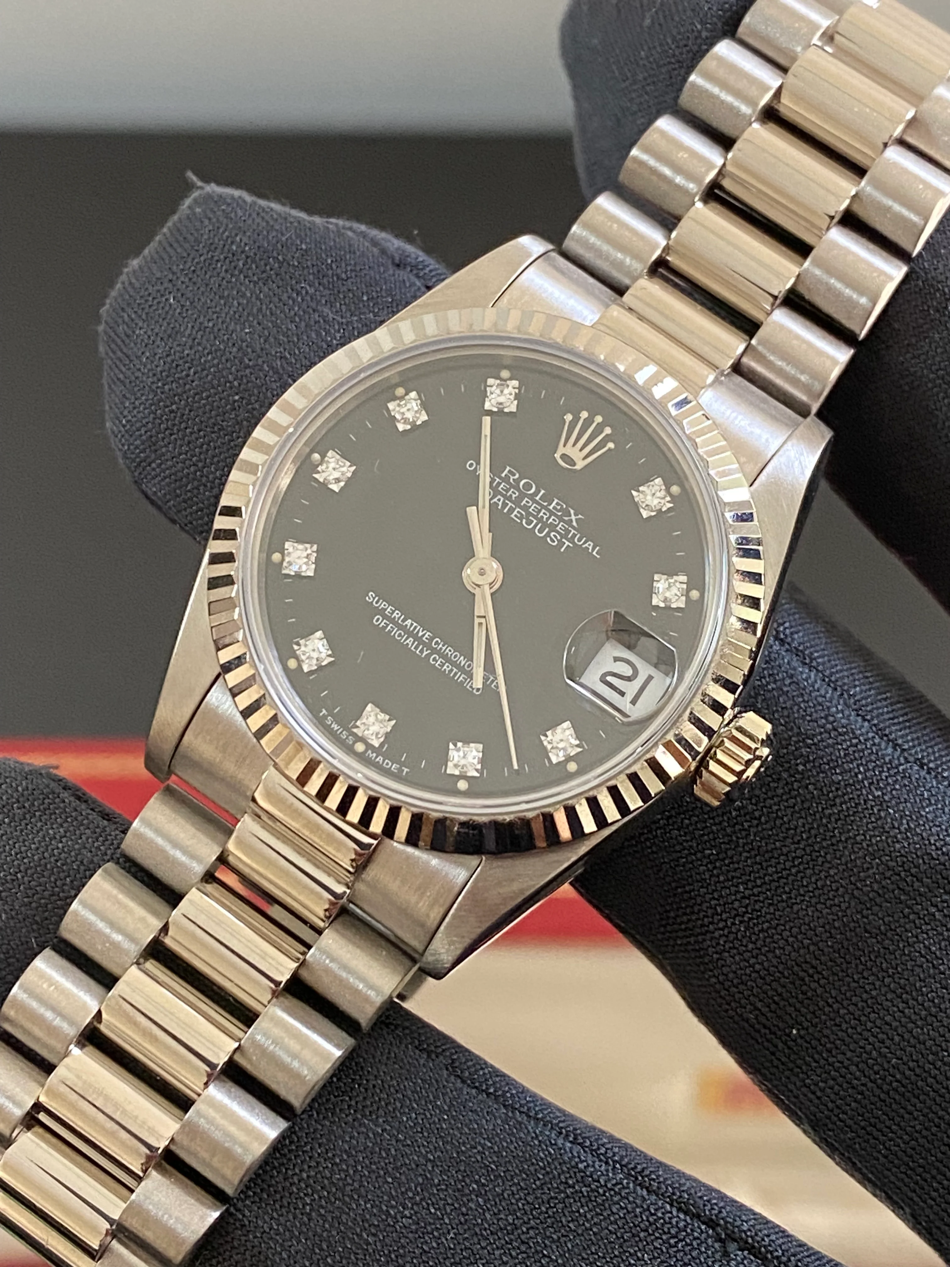 Rolex White Gold Datejust 31 - L Serial - Fluted Bezel - Black Diamond Dial - President Bracelet - 68279