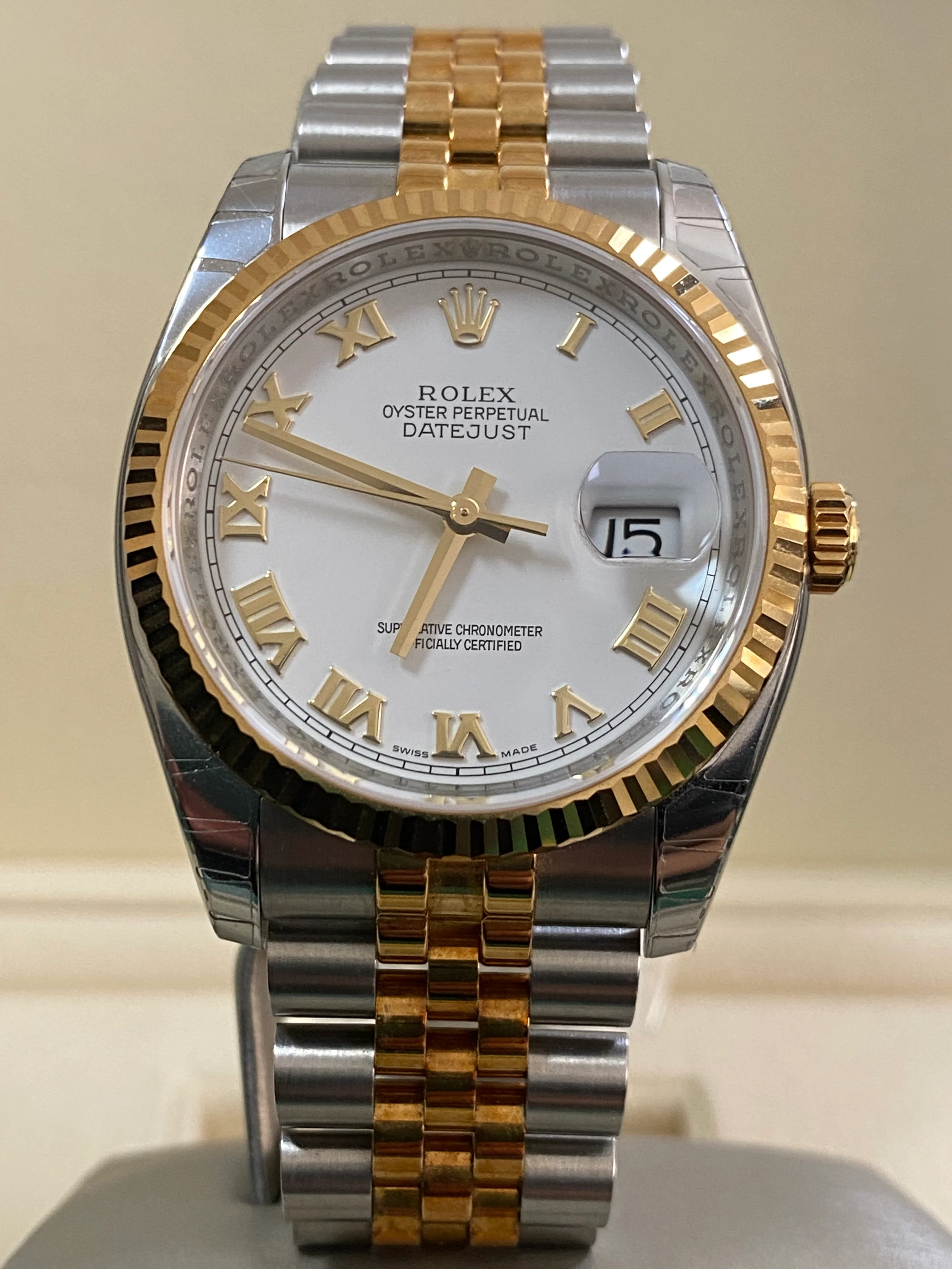Rolex Steel and Yellow Gold Datejust 36 - 2010 - Fluted Bezel - White Roman Dial - Jubilee Bracelet - 116233 *FULL STICKERS*