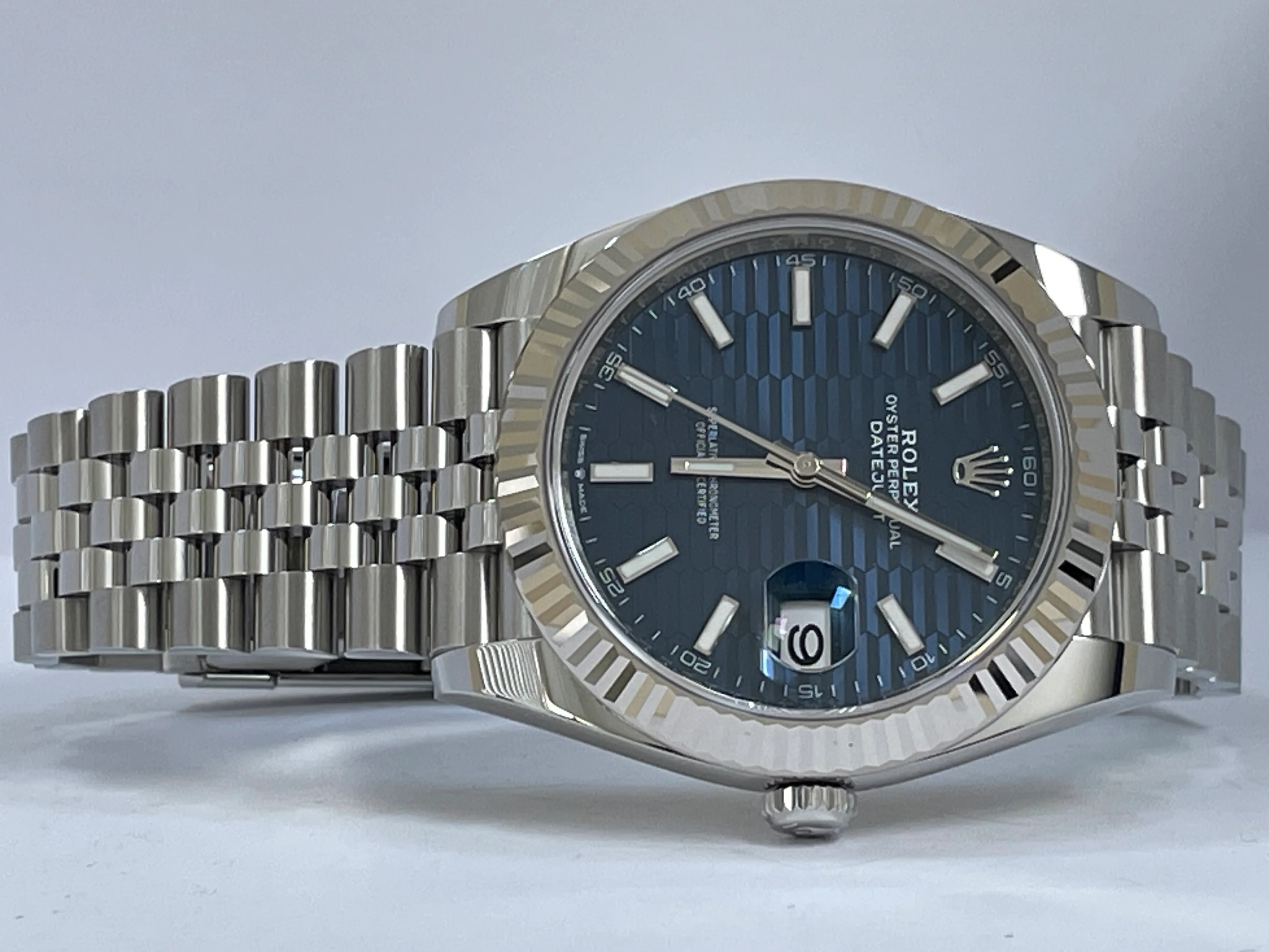 Rolex Steel and White Gold Datejust 41 - 2023 - Fluted Bezel - Bright Blue Motif Dial - Jubilee Bracelet - 126334