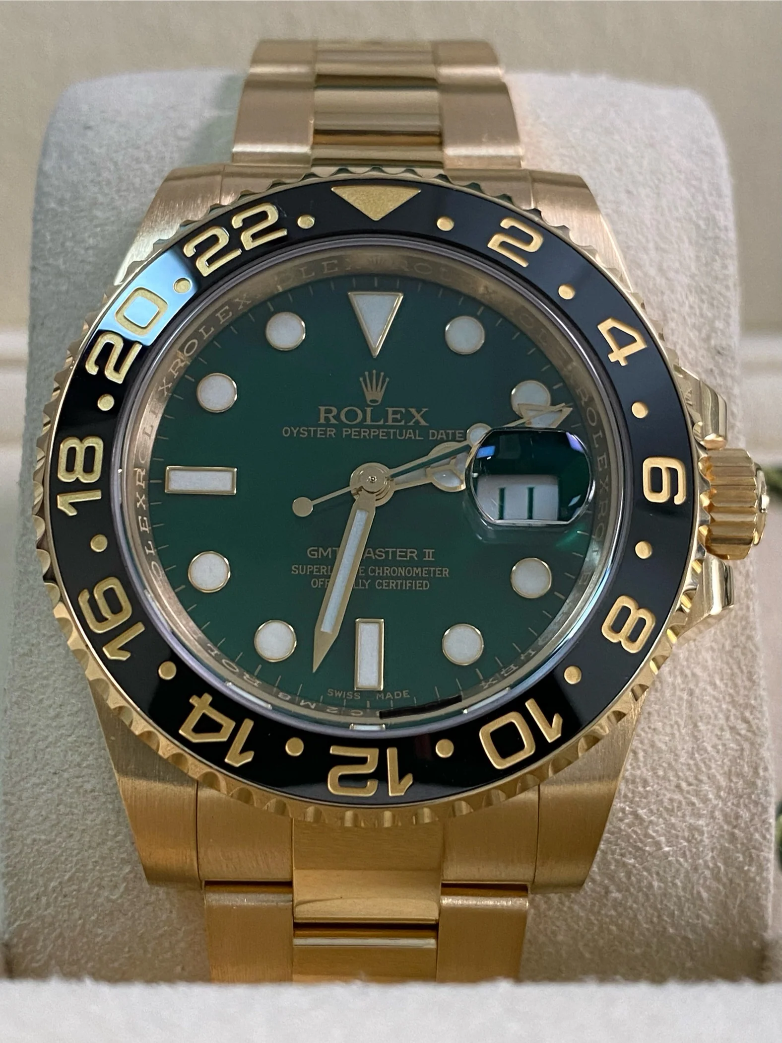 Rolex Yellow Gold GMT-Master II - 2016 - Black Bezel - Anniversary Green Dial - Oyster Bracelet - 116718LN *FULL SET*