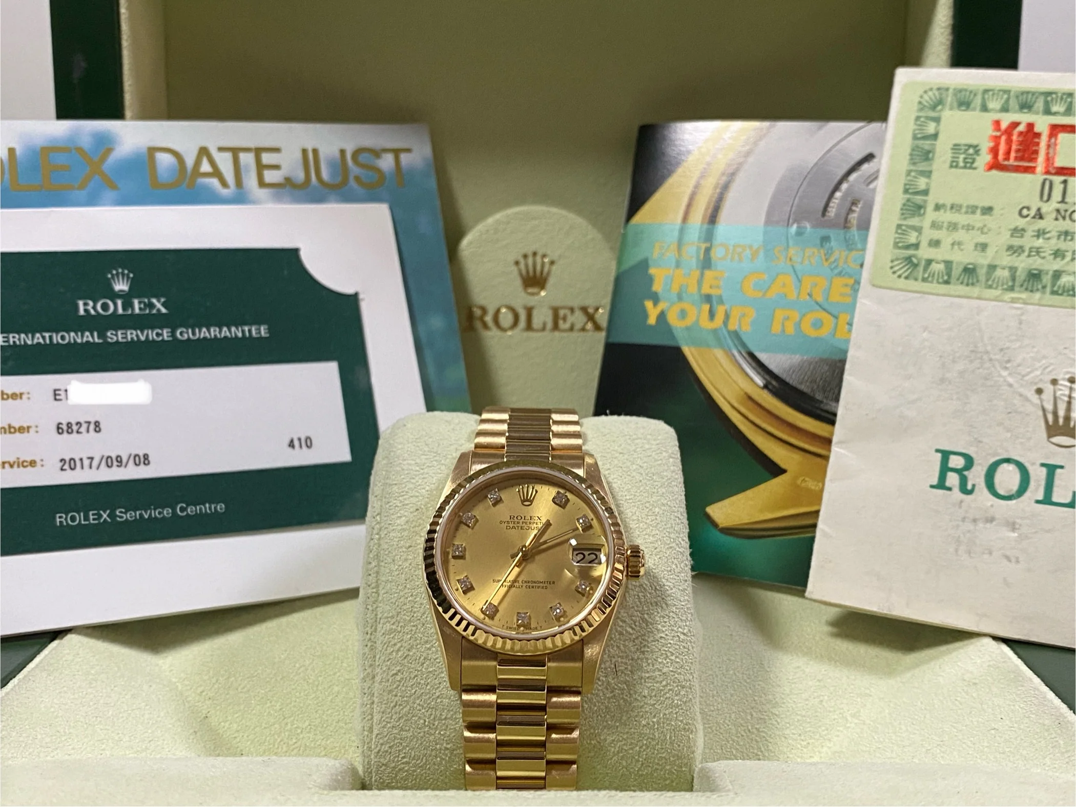 Rolex Yellow Gold Datejust 31 - E Serial - Fluted Bezel - Factory Diamond Dial - President Bracelet - 68278