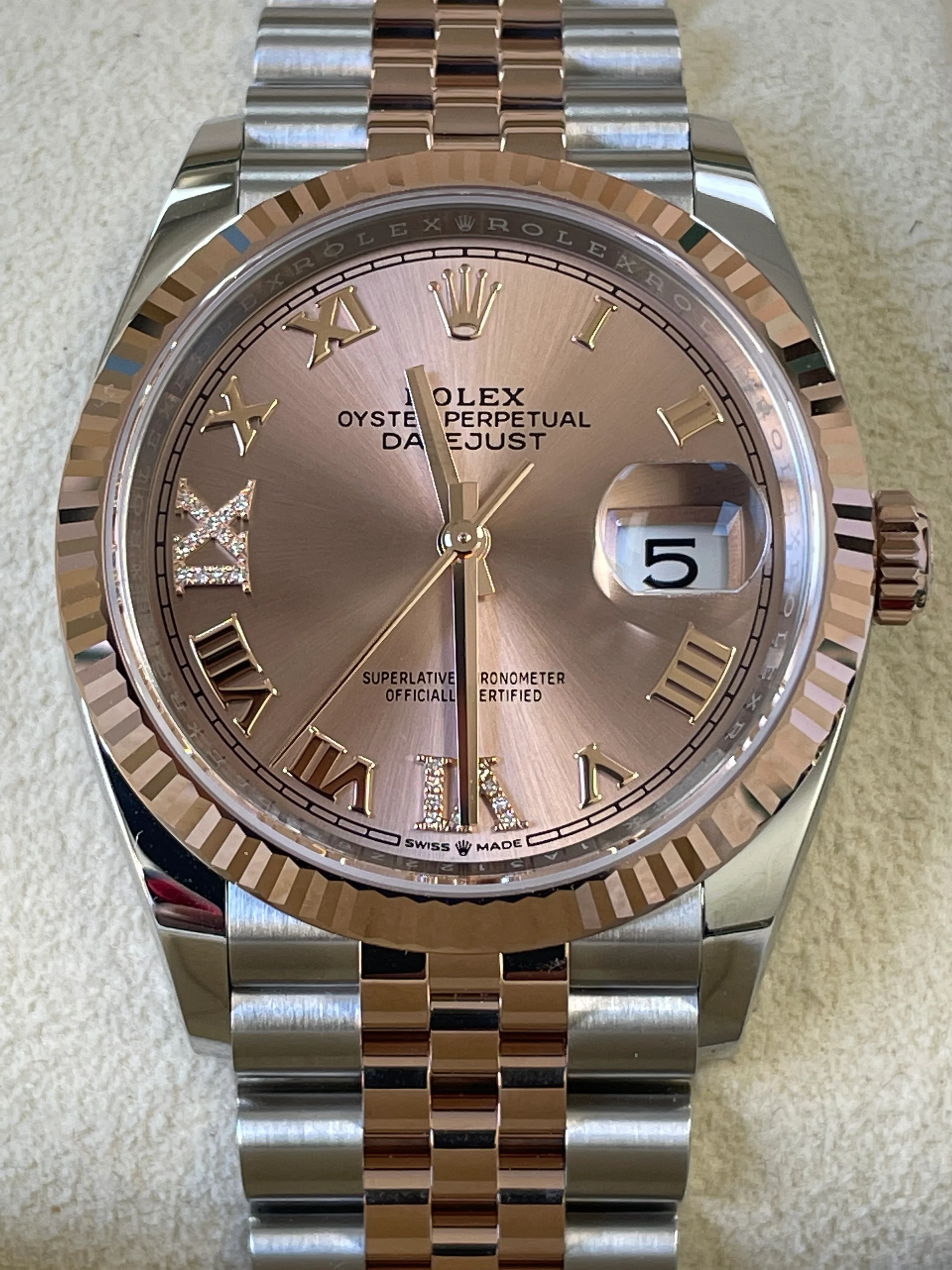 Rolex Steel and Everose Gold Datejust 36 - 2022 - Fluted Bezel - Rose Colour Diamond Set Dial - Jubilee Bracelet - 126231
