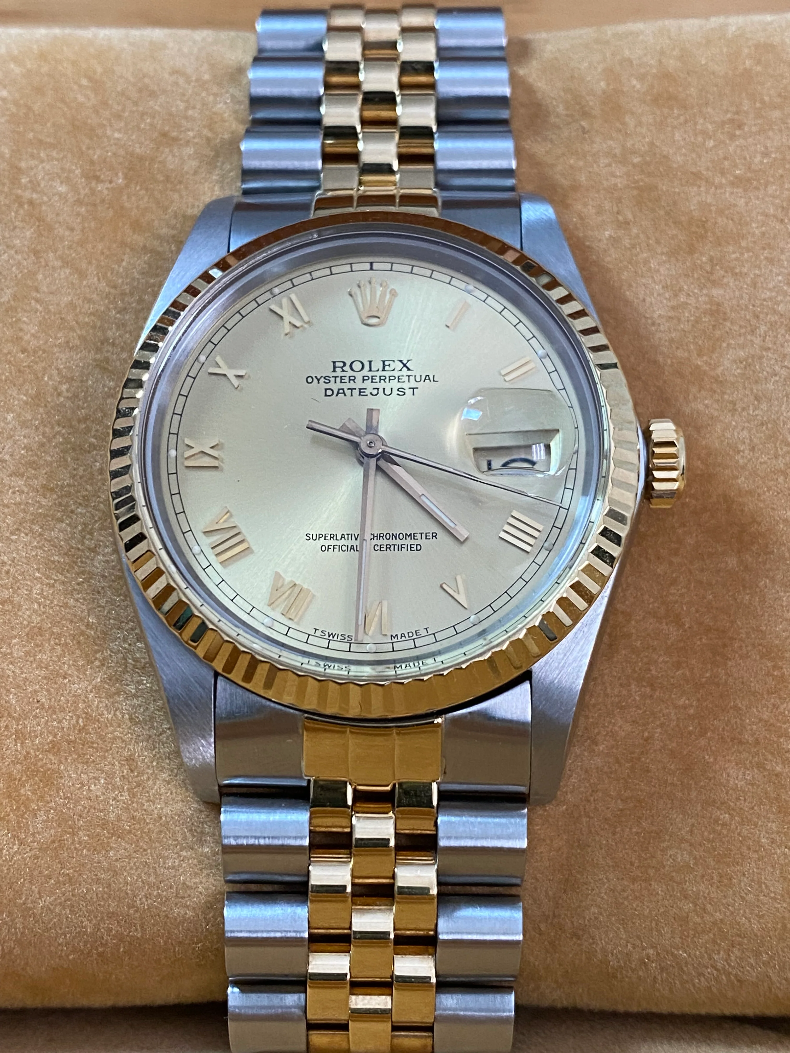 Rolex Steel and Yellow Gold Datejust 36 - 1987 - Fluted Bezel - Champagne Roman Dial - Jubilee Bracelet - 16013 *FULL SET*