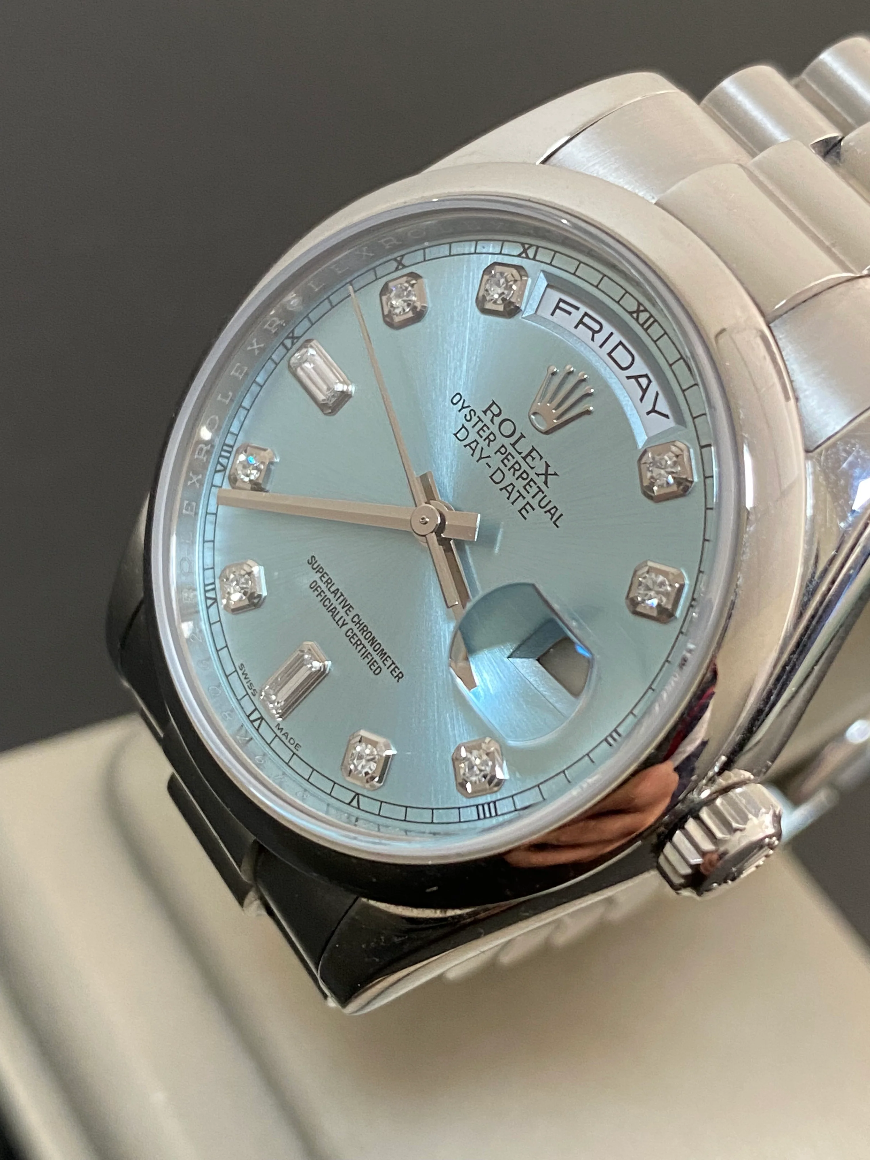 Rolex Platinum Day-Date 36 - 2014 - Domed Bezel - Ice Blue Diamond Dial - President Bracelet - 118206 *FULL SET*