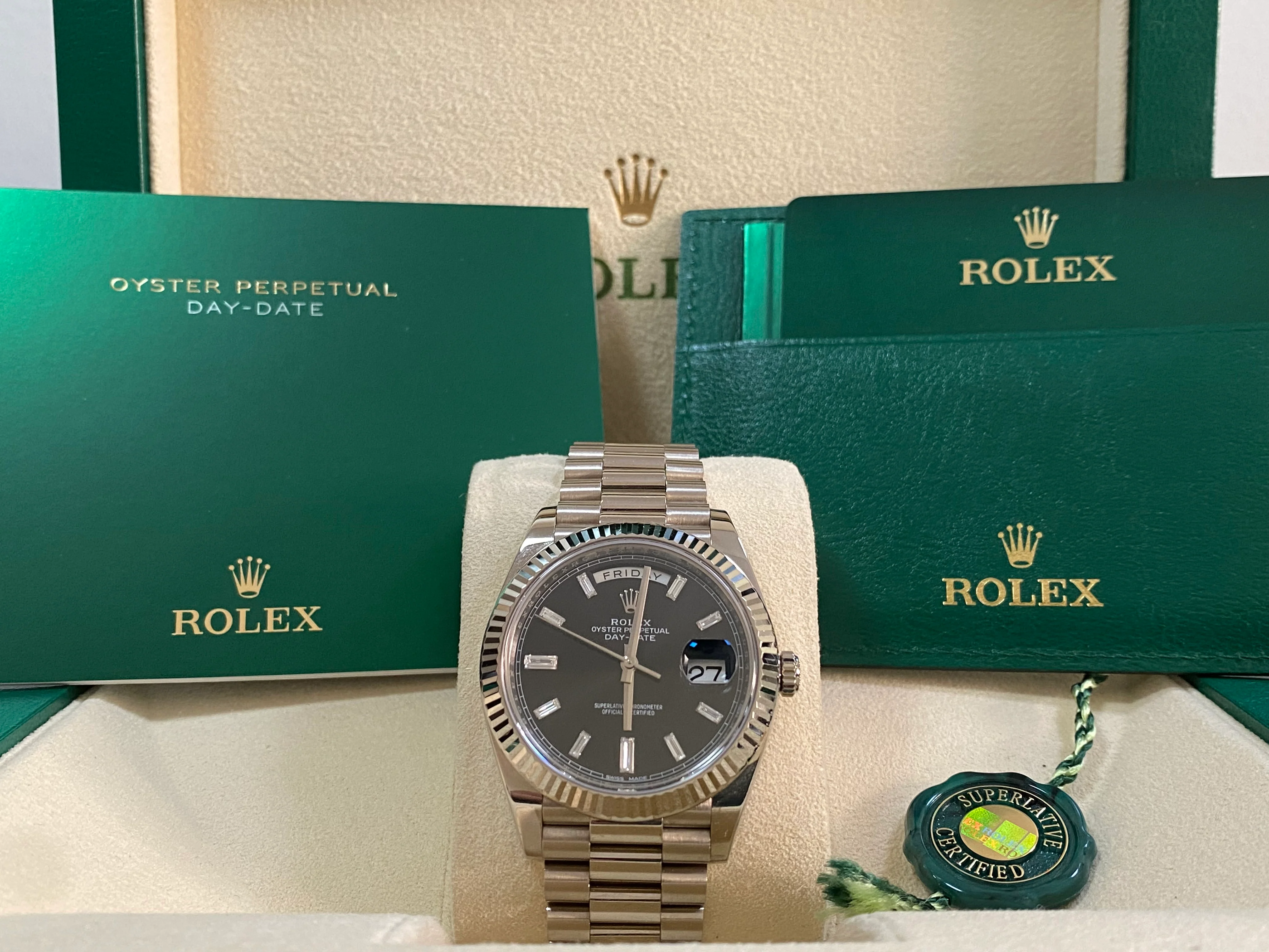 Rolex White Gold Day-Date 40 - 2021 - Fluted Bezel - Black Baguette Diamond Dial - President Bracelet - 228239