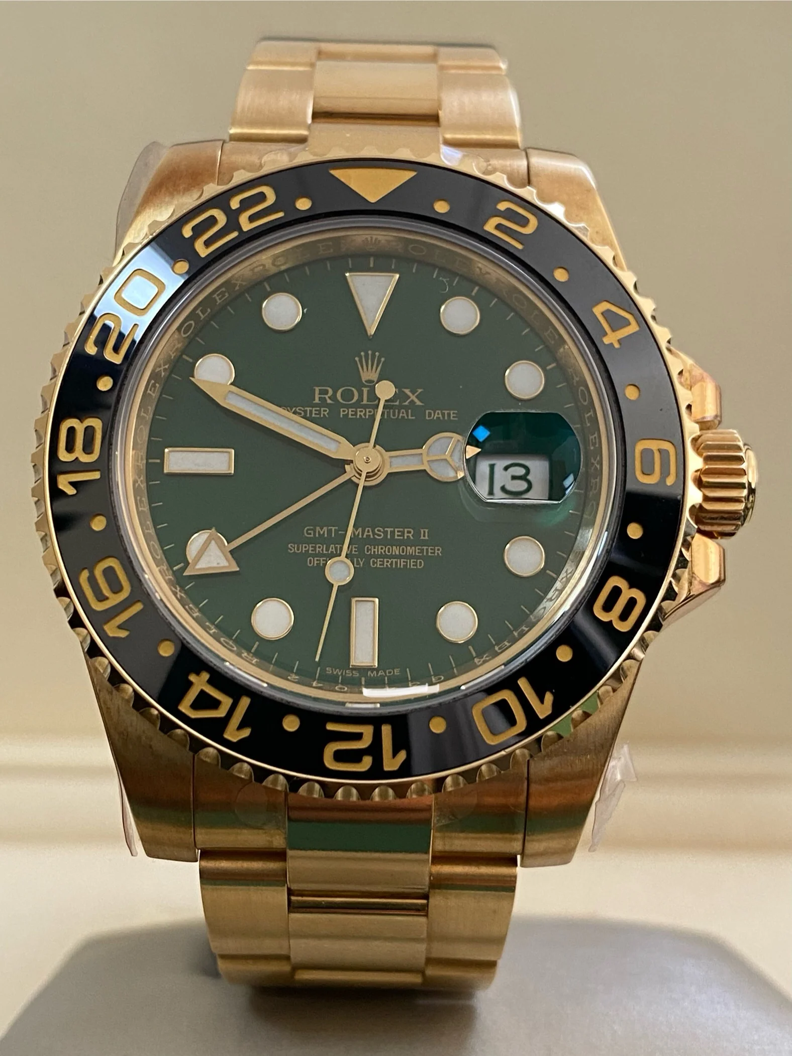 Rolex Yellow Gold GMT-Master II - G serial - Black Bezel - Anniversary Green Dial - Oyster Bracelet - 116718LN *FULL STICKERS*
