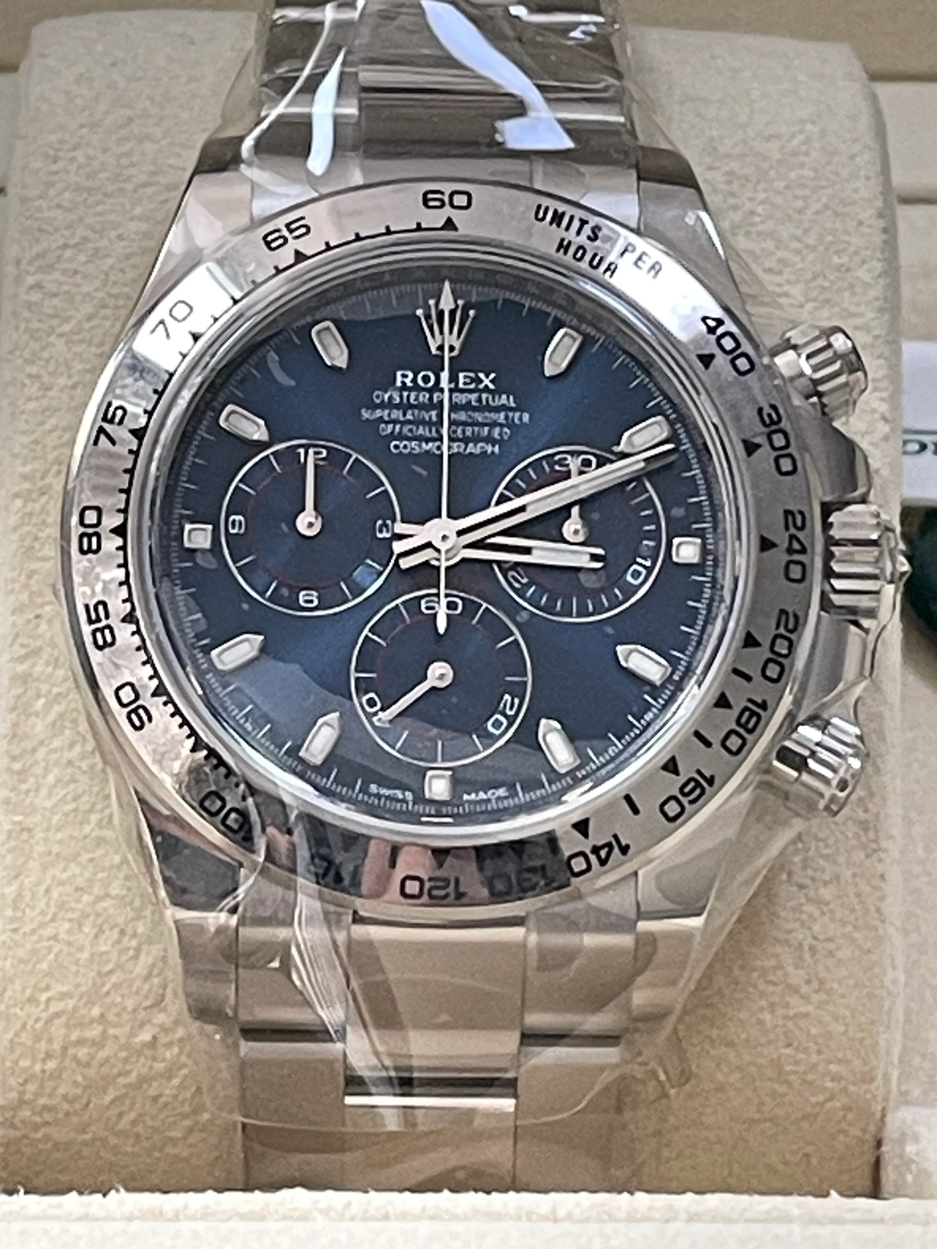 Rolex White Gold Cosmograph Daytona - 2023 - Blue Index Dial - 116509 *PARTIAL STICKERS*