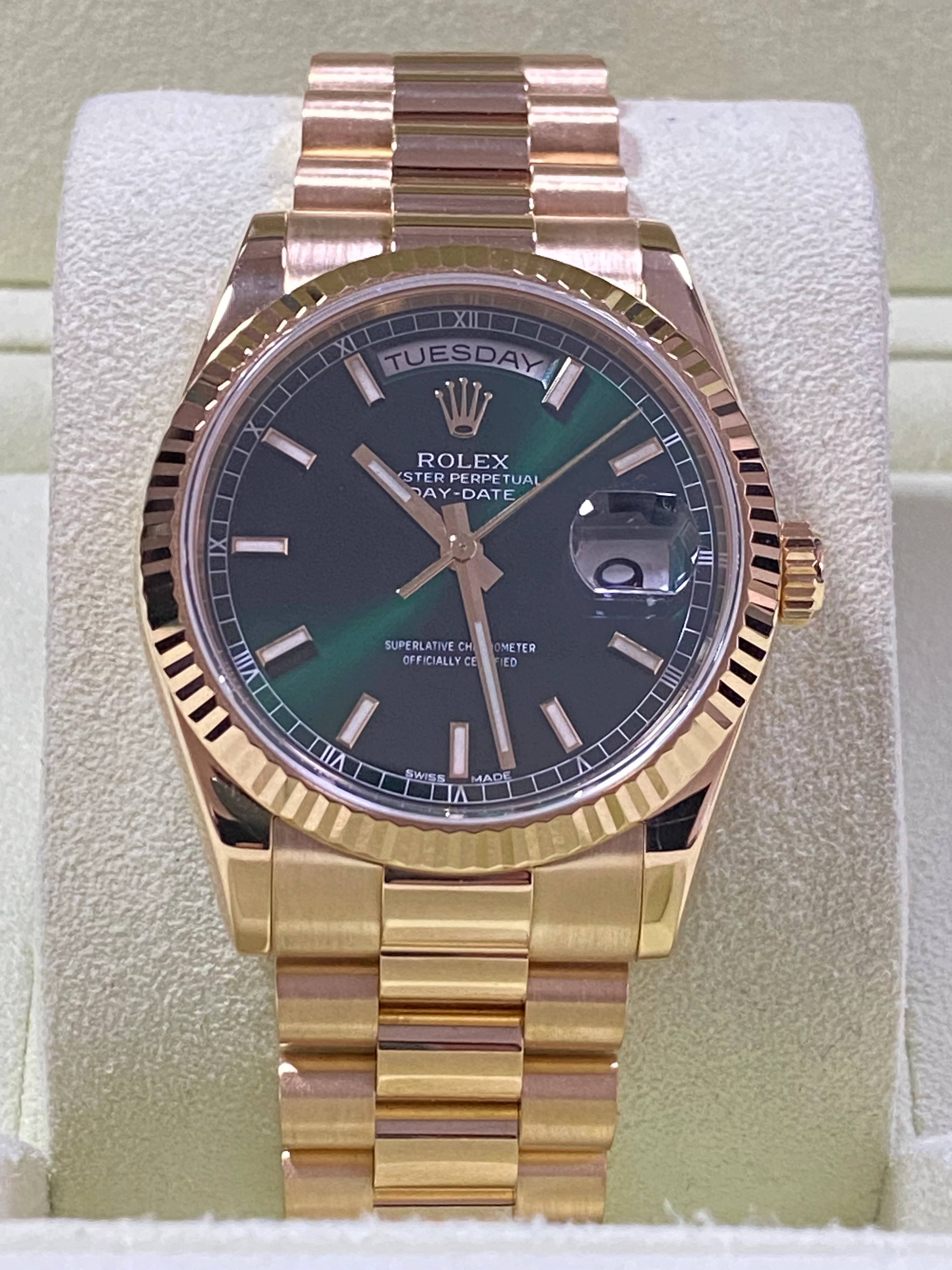 Rolex Yellow Gold Day-Date 36 - Fluted Bezel - Green Index Dial - President Bracelet - 118238