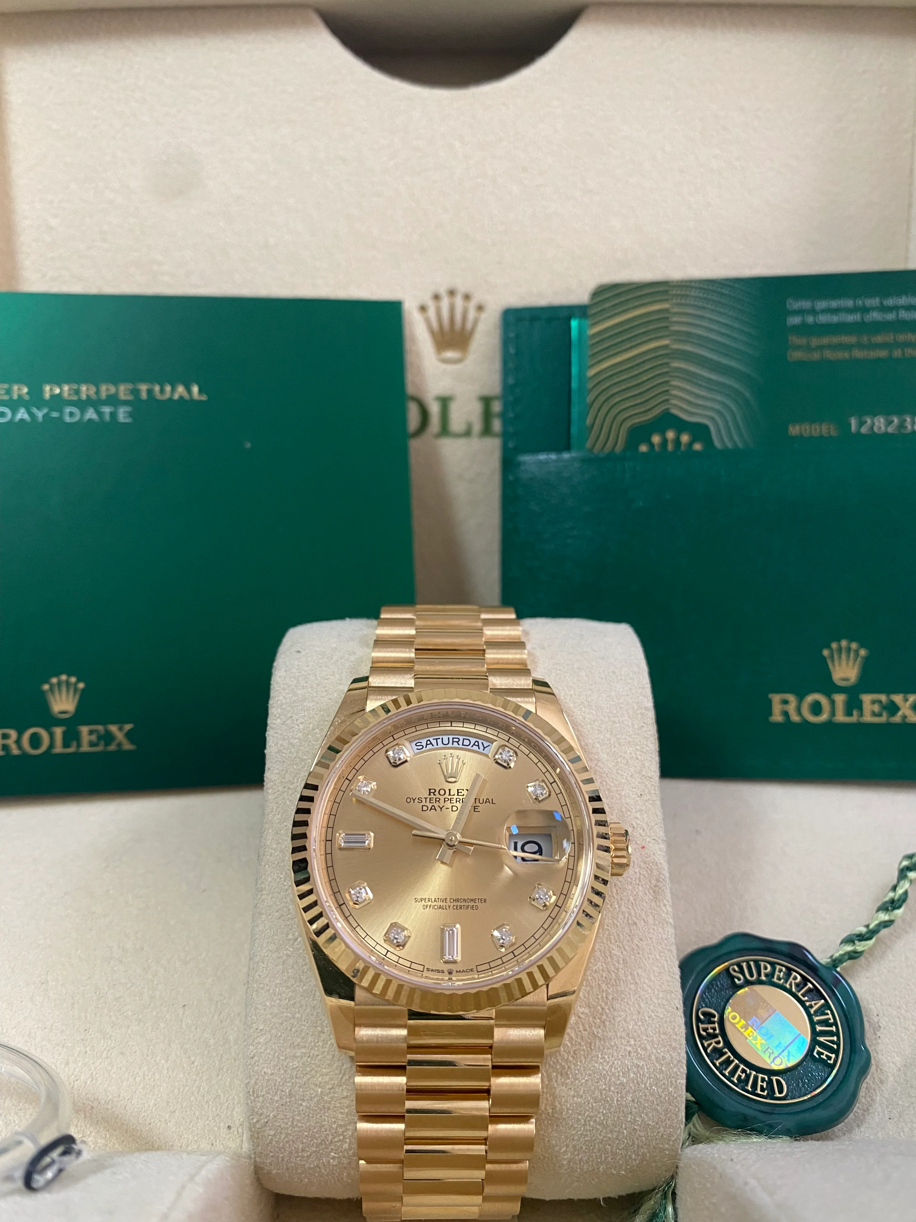 Rolex Yellow Gold Day-Date 36 - 2022 - Fluted Bezel - Factory Diamond Dial - President Bracelet - 128238 *FULL SET*