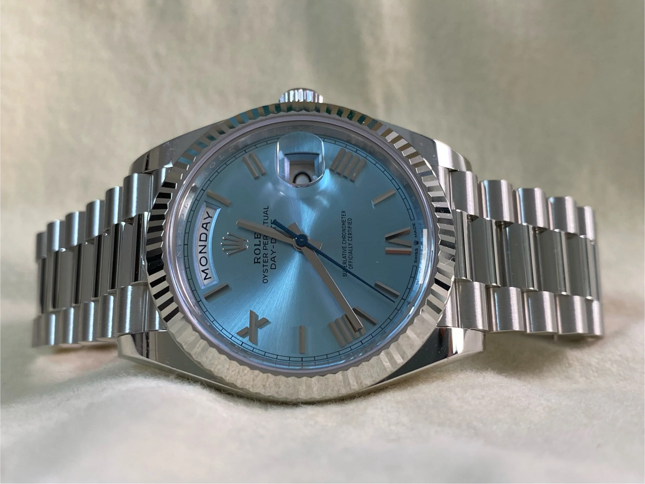 Rolex Platinum Day-Date 40 -  2024 - Fluted Bezel - Ice Blue Roman Dial - President Bracelet - 228236 *FULL SET*