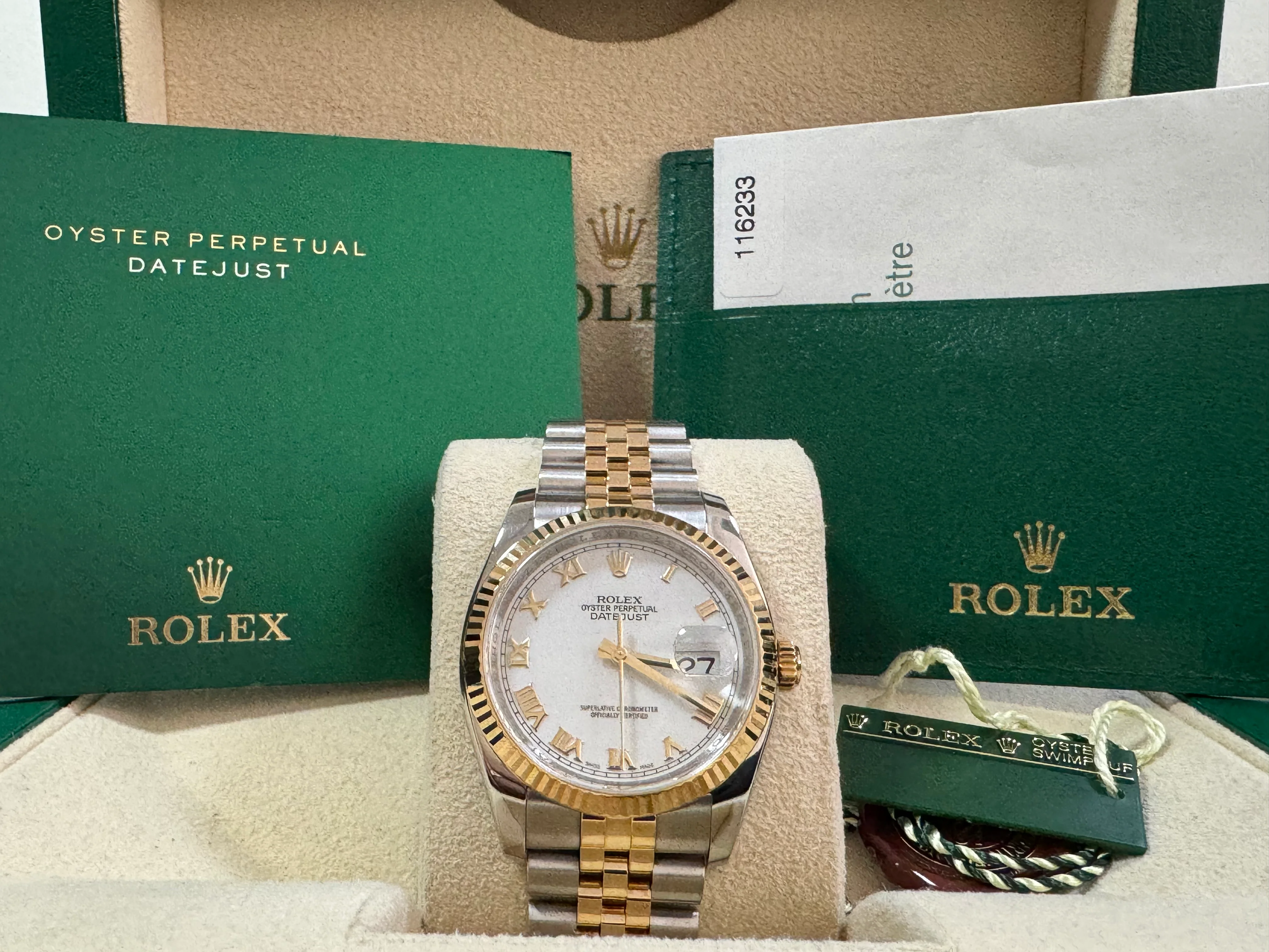 Rolex Steel and Yellow Gold Datejust 36 - D serial - Fluted Bezel - White Roman Dial - Jubilee Bracelet - 116233 COMPLETE SET