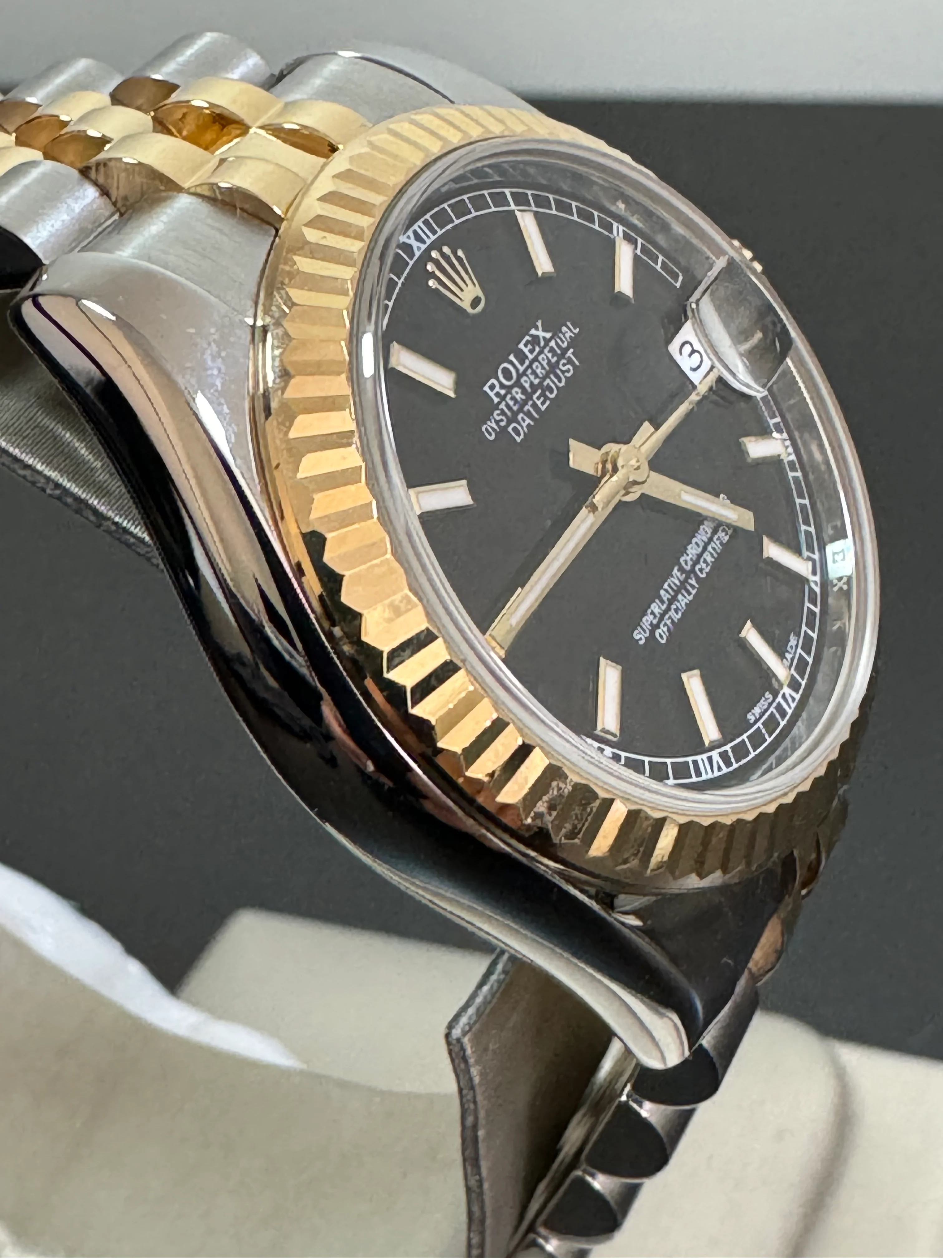 Rolex Steel and Yellow Gold Datejust 31 - 2016 - Fluted Bezel - Black Index Dial - Jubilee Bracelet - 178273 COMPLETE SET