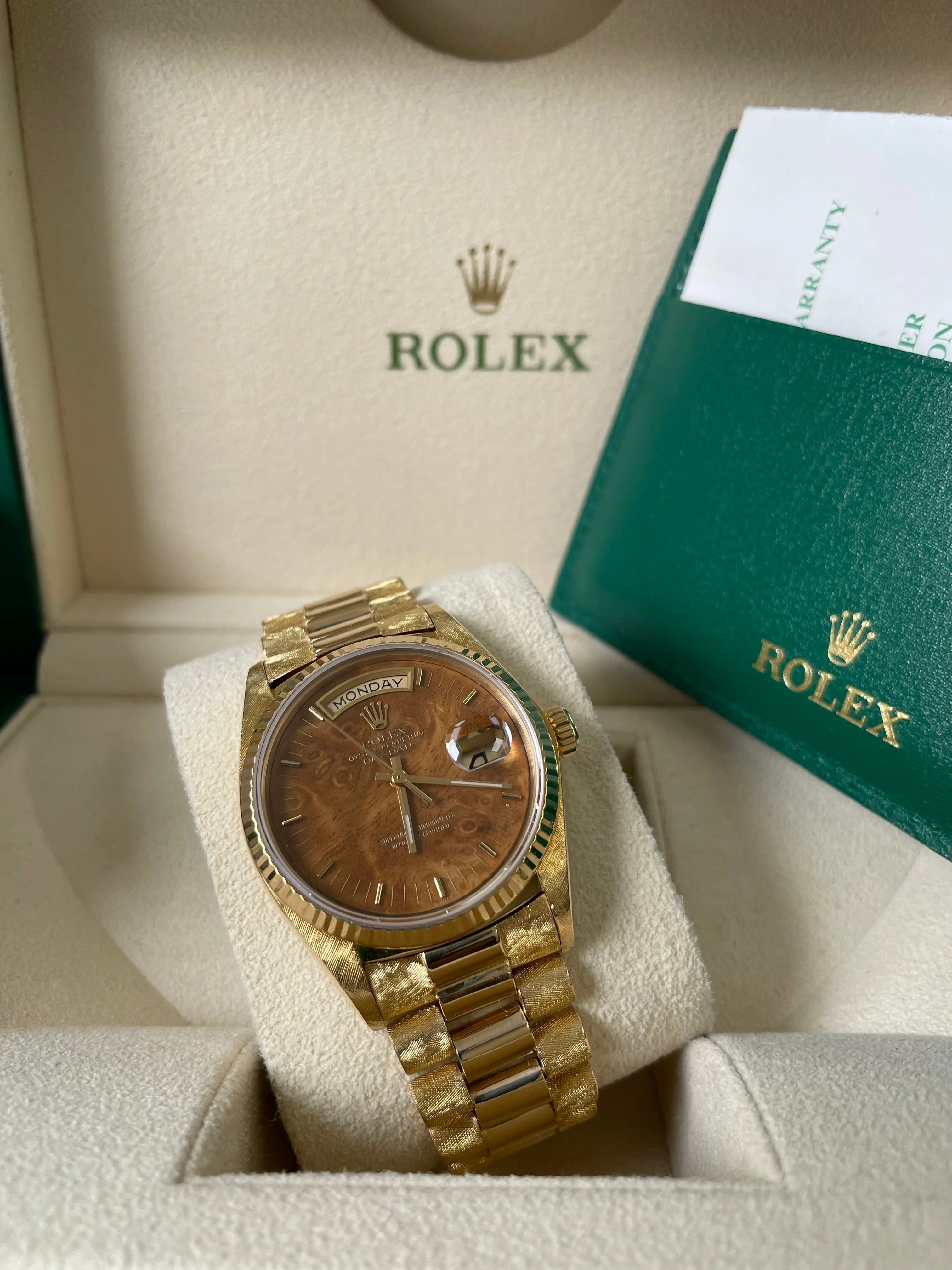 Rolex Yellow Gold Day-Date 36 - Fluted Bezel - Factory Wood Dial - President Bracelet - 18038