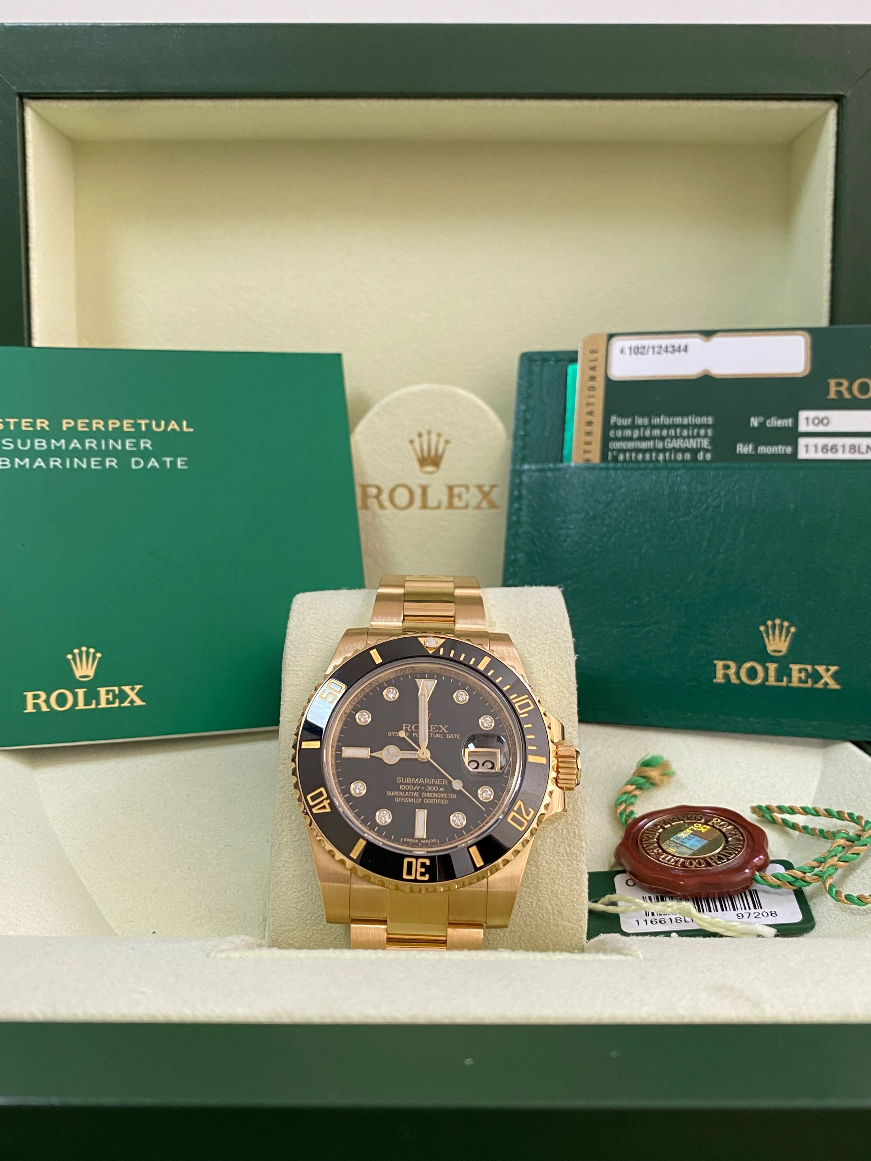 Rolex Yellow Gold Submariner Date - 2014 - Black Bezel - Diamond Dial - 116618LN *FULL SET*