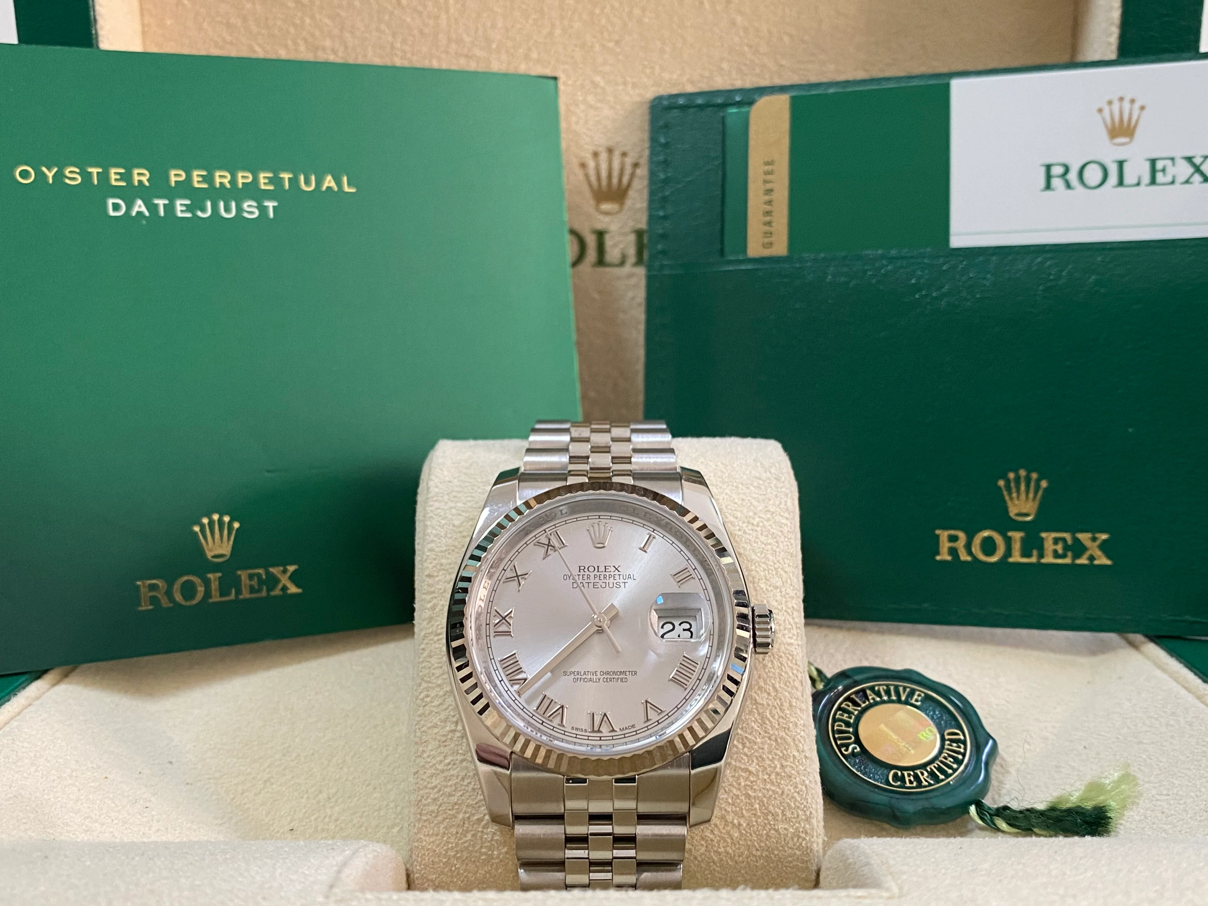 Rolex Steel Datejust 36 - 2016 - Fluted Bezel - Rhodium Roman Dial - Jubilee Bracelet - 116234
