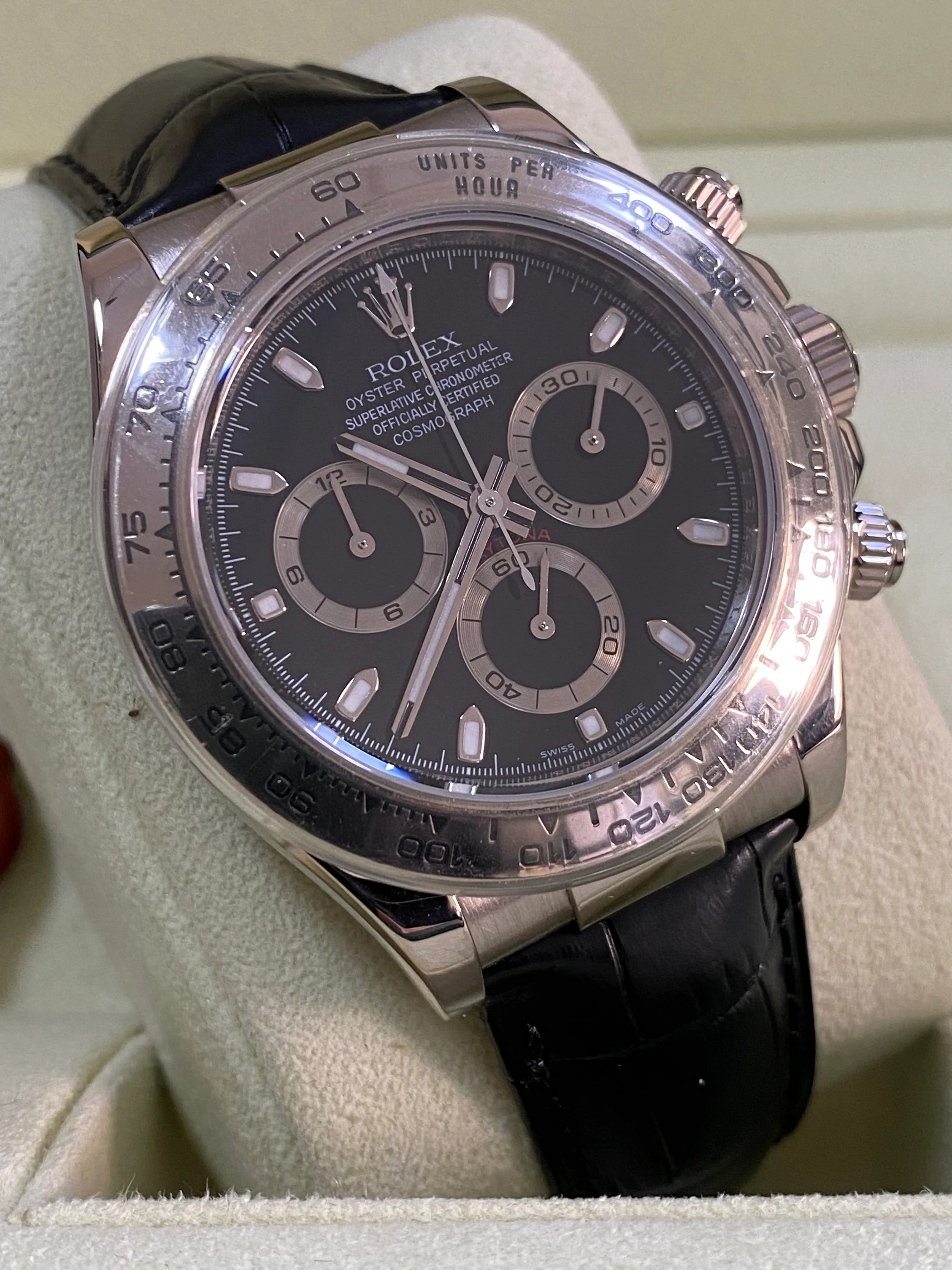Rolex White Gold Cosmograph Daytona - 2007 - Black Dial - New Black Leather Strap - 116519 FULL SET