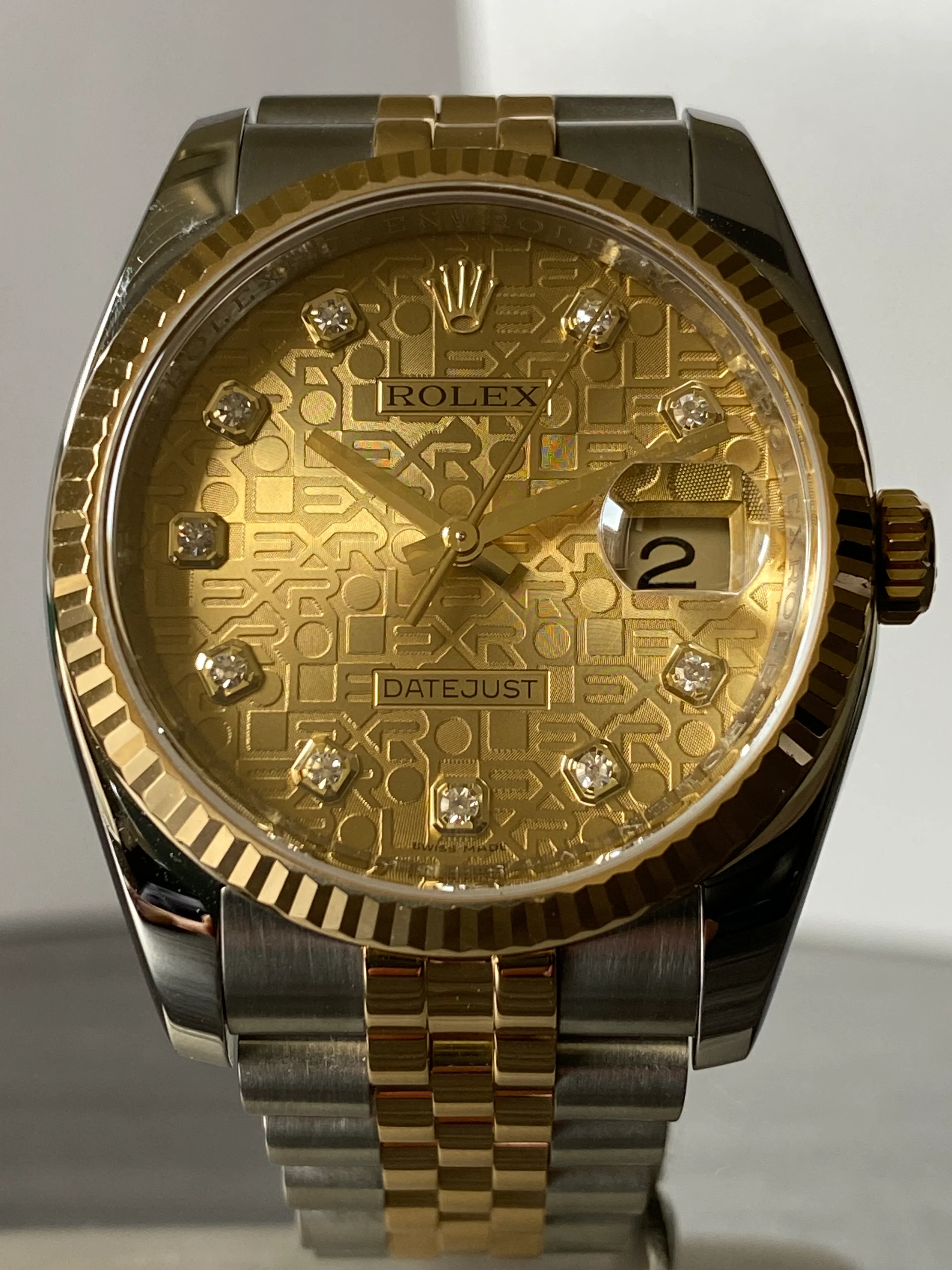 Rolex Steel and Yellow Gold Datejust 36 - V Serial - Fluted Bezel - Factory Diamond Dial - Jubilee Bracelet - 116233