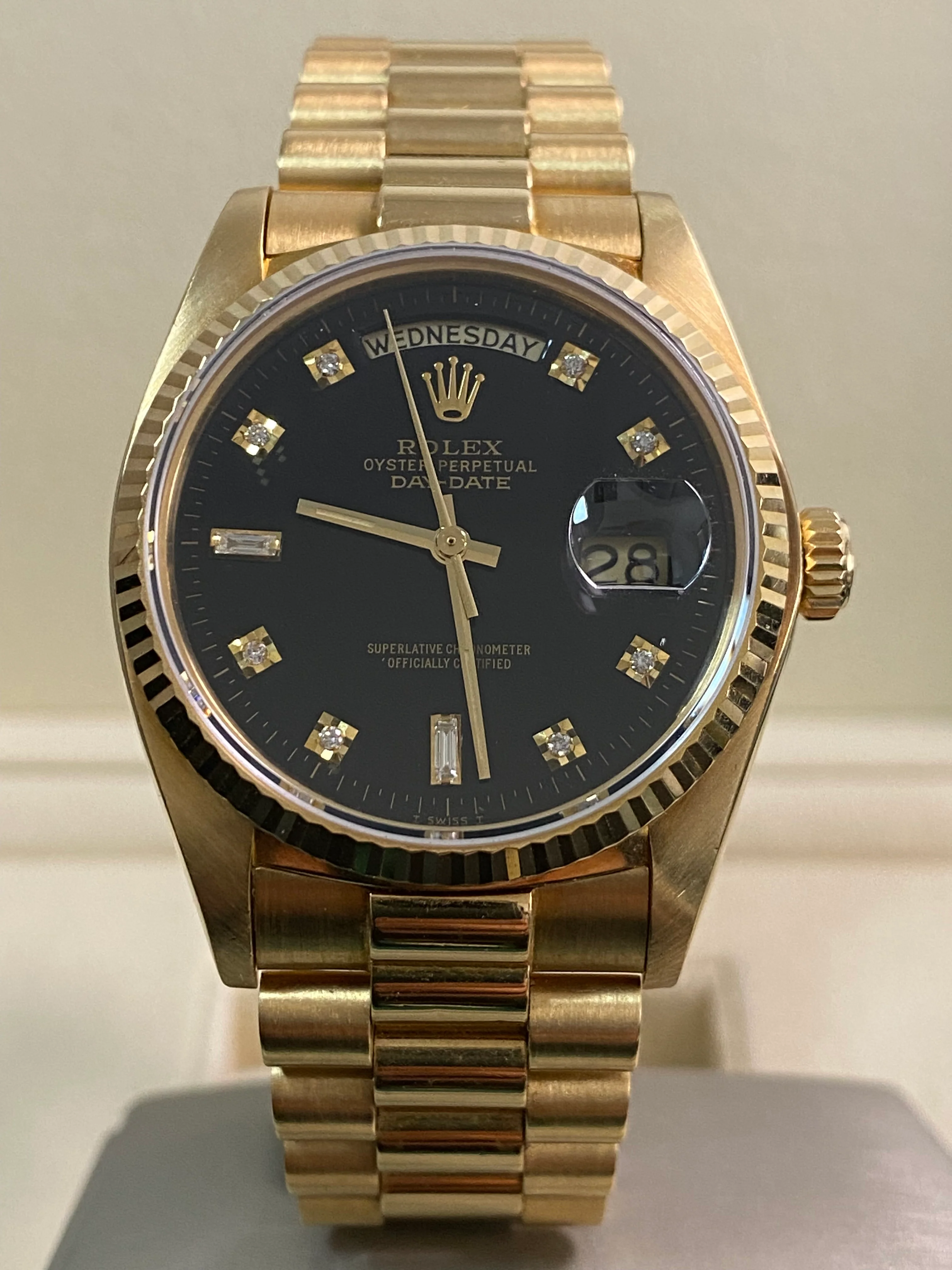 Rolex Yellow Gold Day-Date 36 - 1983 - Fluted Bezel - Black Diamond Dial - President Bracelet - 18038