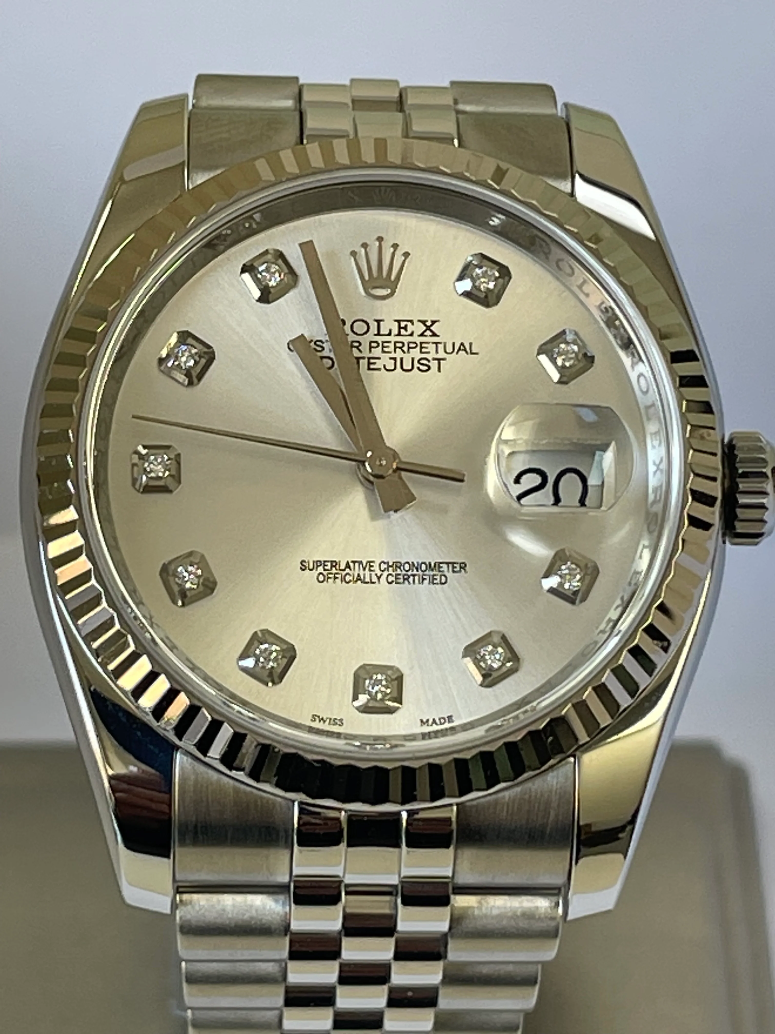 Rolex Steel Datejust 36 - 2010 - Fluted Bezel - Factory Diamond Dial - Jubilee Bracelet - 116234