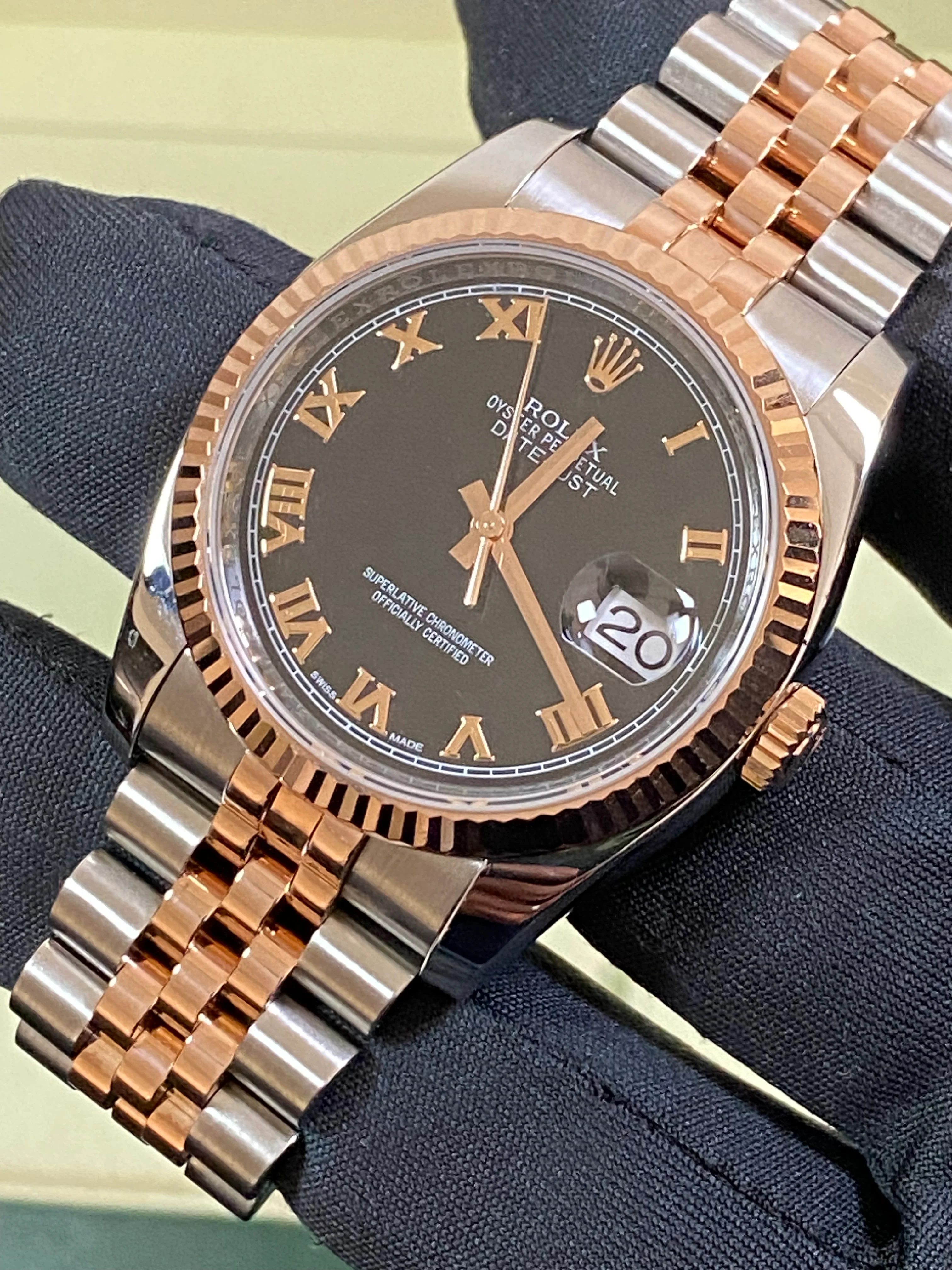 Rolex Steel and Everose Gold Datejust 36 - Fluted Bezel - Black Roman Dial - Jubilee Bracelet - 116231