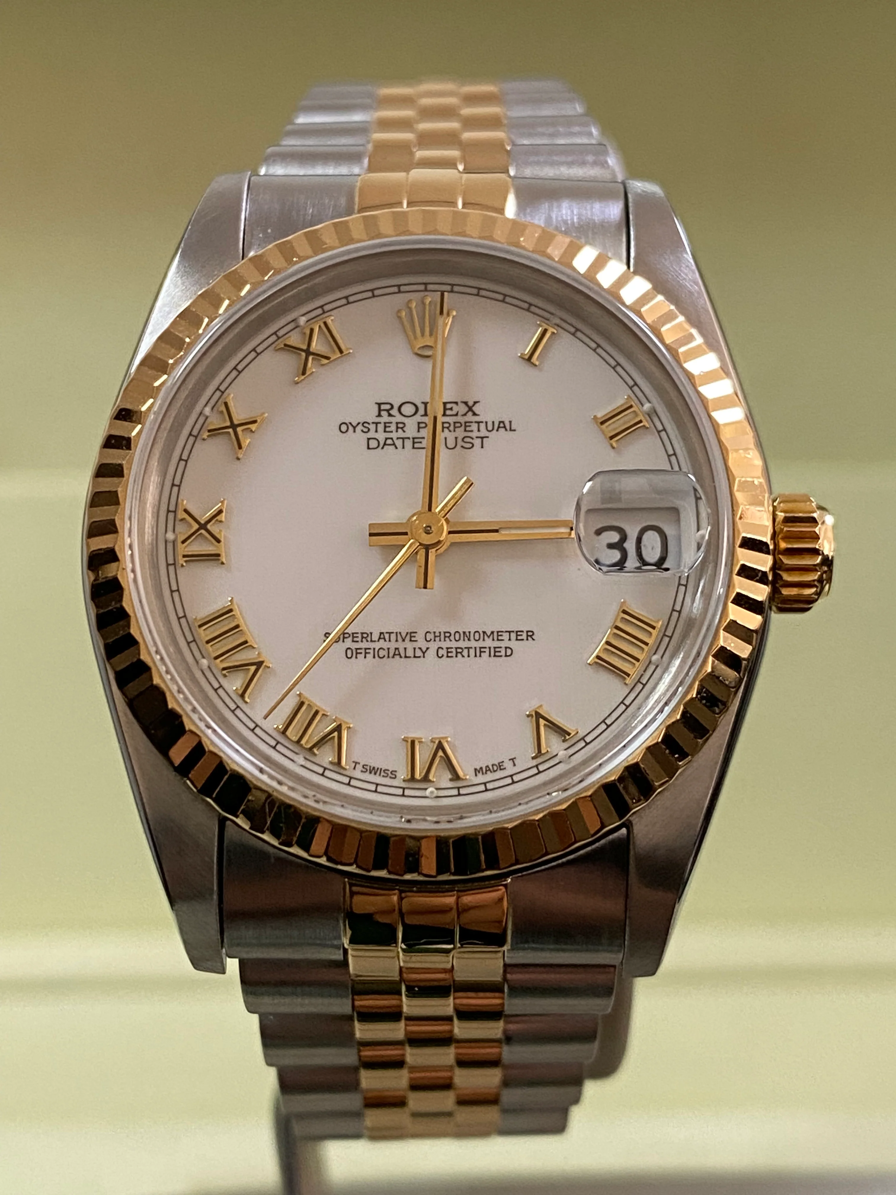 Rolex Steel and Yellow Gold Datejust 31 - N Serial - Fluted Bezel - White Roman Dial - Jubilee Bracelet - 68273