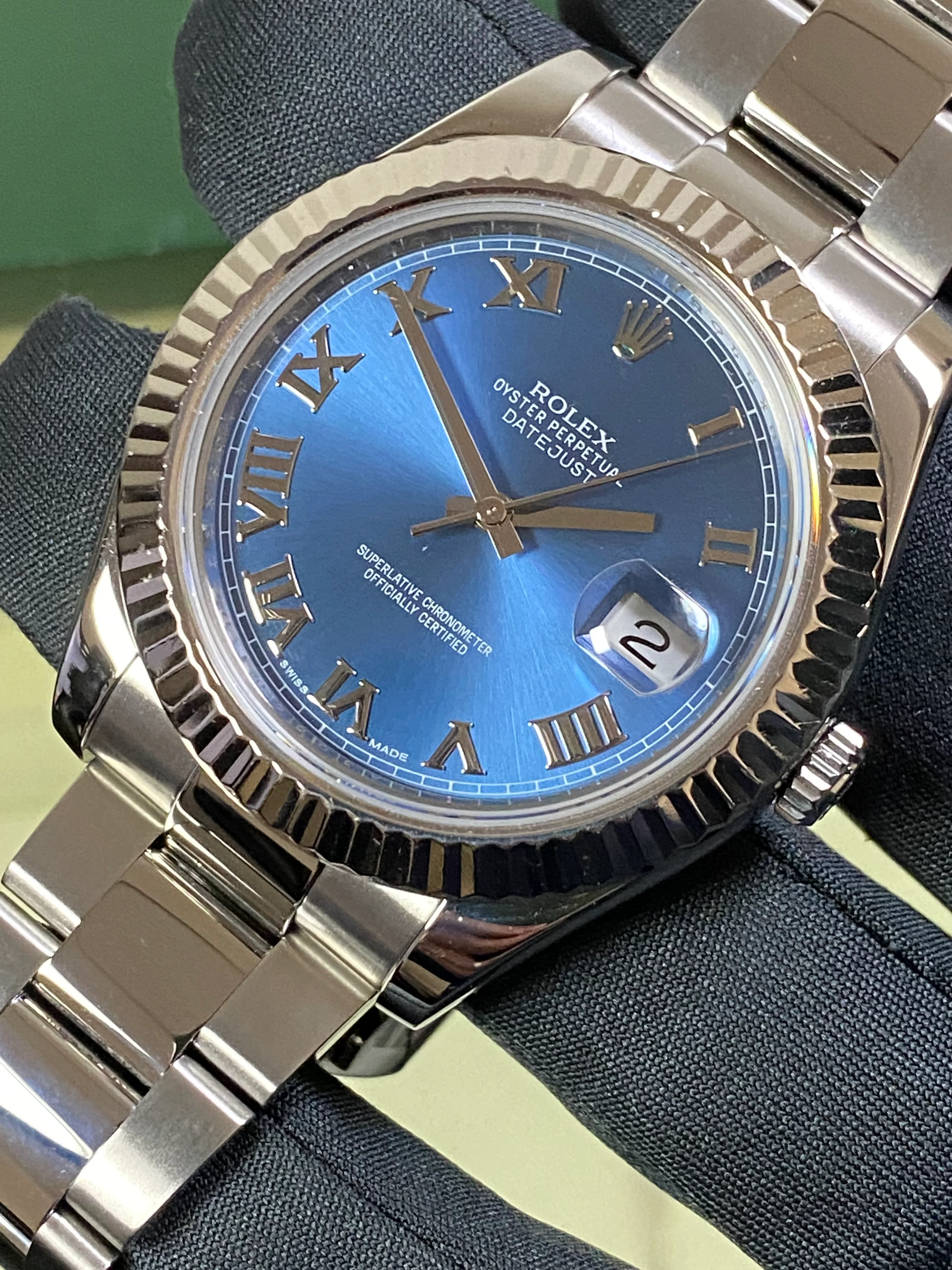 Rolex Steel Datejust II - 2012 - Fluted Bezel - Blue Roman Dial - Oyster Bracelet - 116334