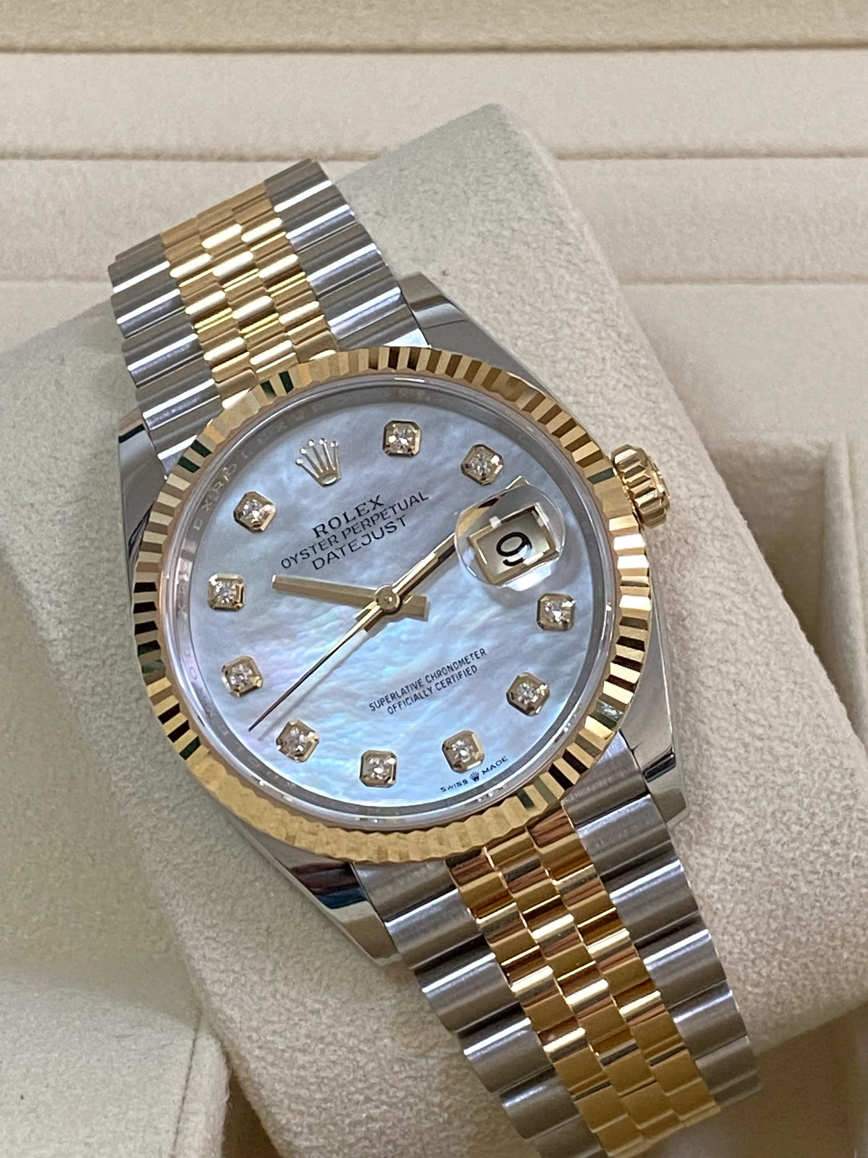 Rolex Steel and Yellow Gold Datejust 36 - 2023 - Fluted Bezel - White Mother-Of-Pearl Diamond-Set Dial - Jubilee Bracelet - 126233