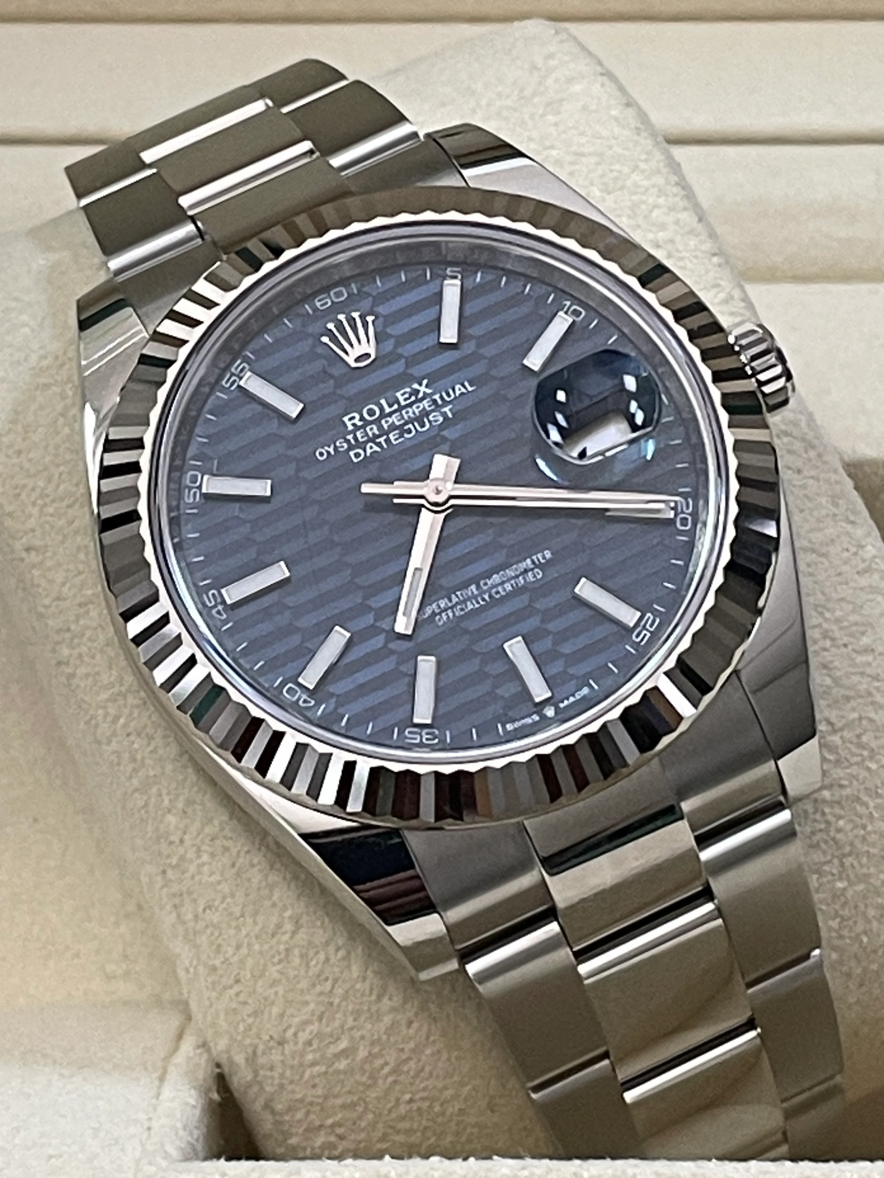 Rolex Steel Datejust 41 - 2023 - Fluted Bezel - Bright Blue Fluted-Motif Dial - Oyster Bracelet - 126334