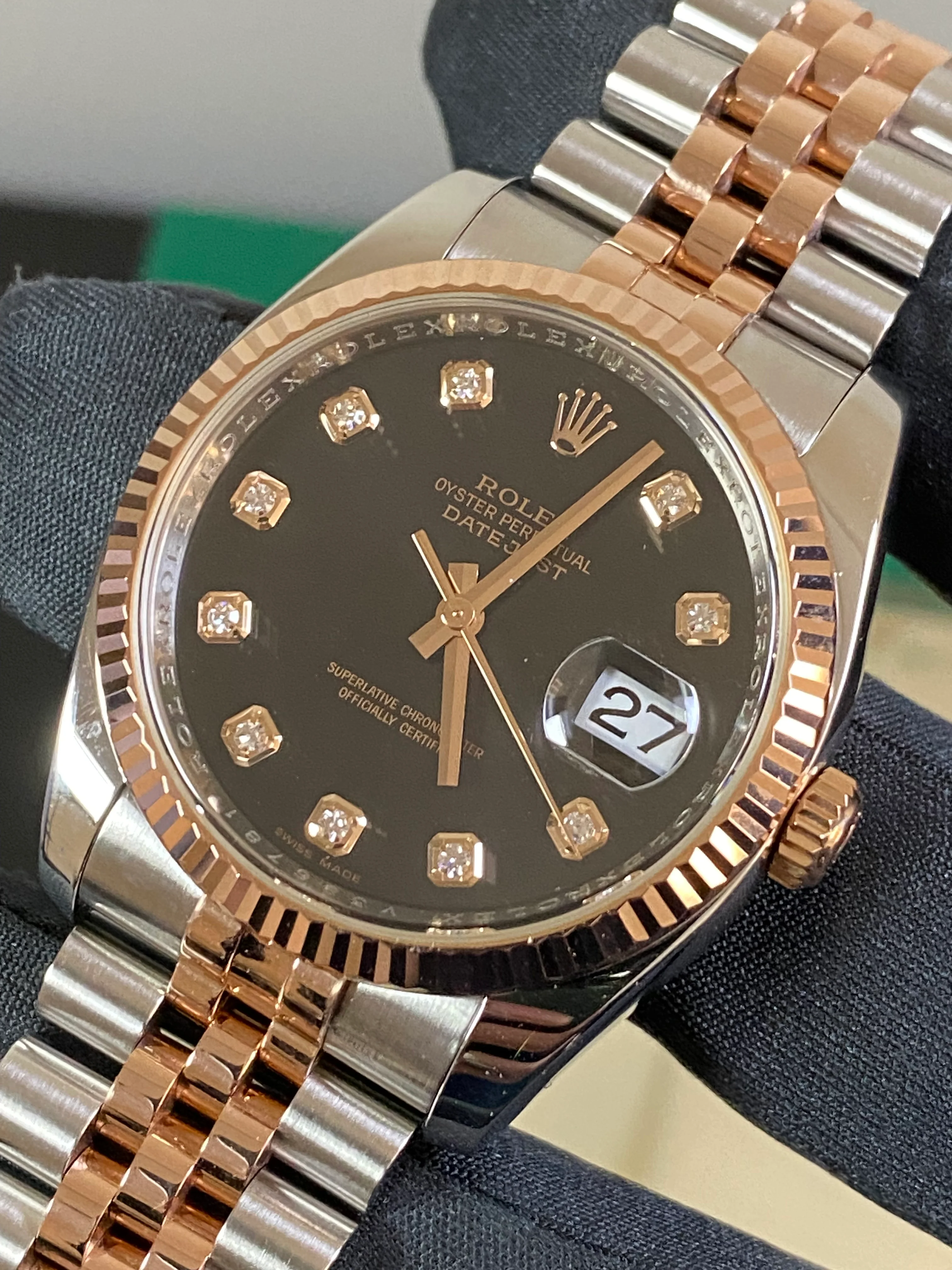 Rolex Steel and Everose Gold Datejust 36 - 2009 - Fluted Bezel - Black Diamond Dial - Jubilee Bracelet - 116231