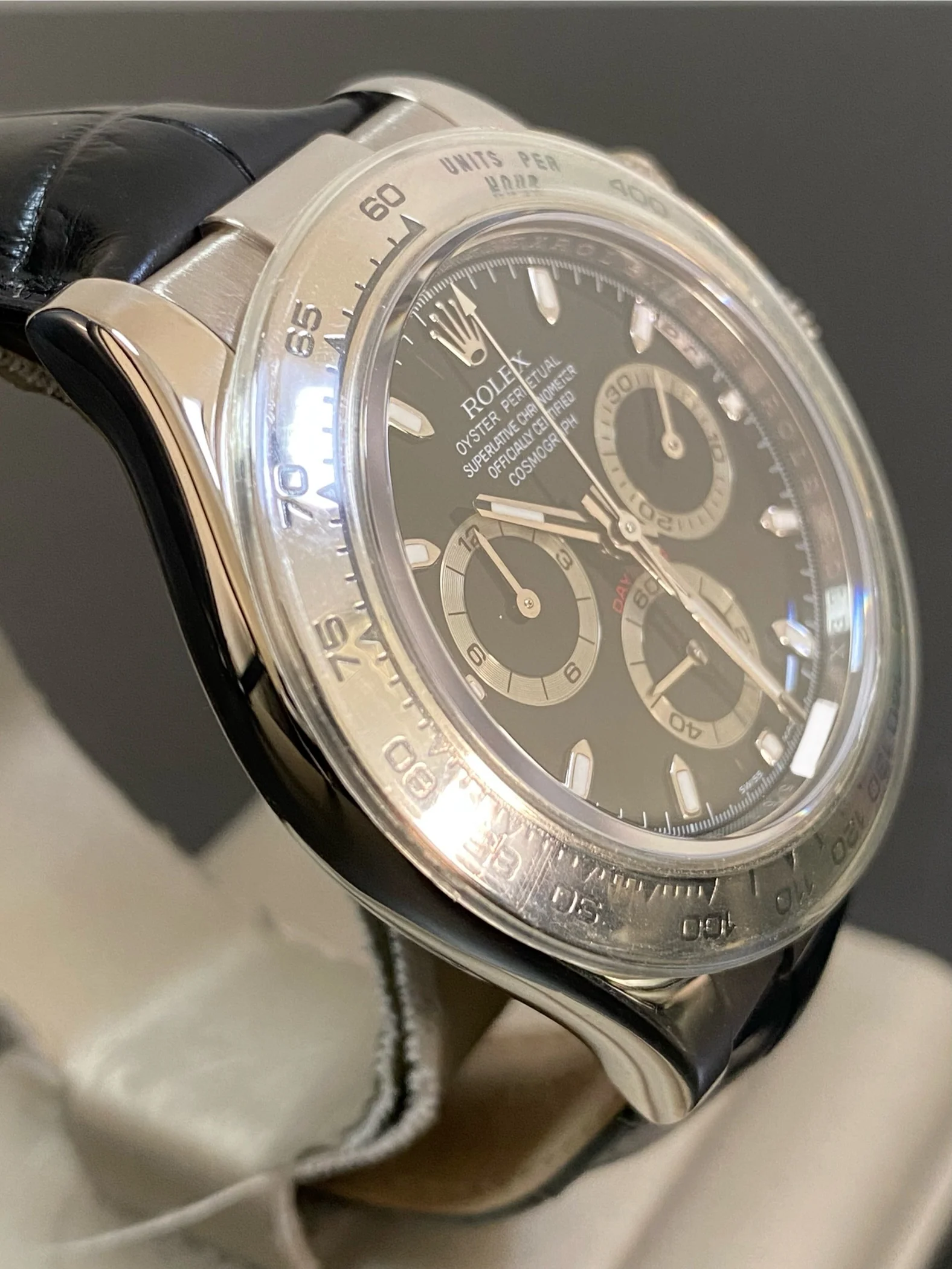 Rolex White Gold Cosmograph Daytona - 2007 - Black Dial - New Black Leather Strap - 116519 FULL SET