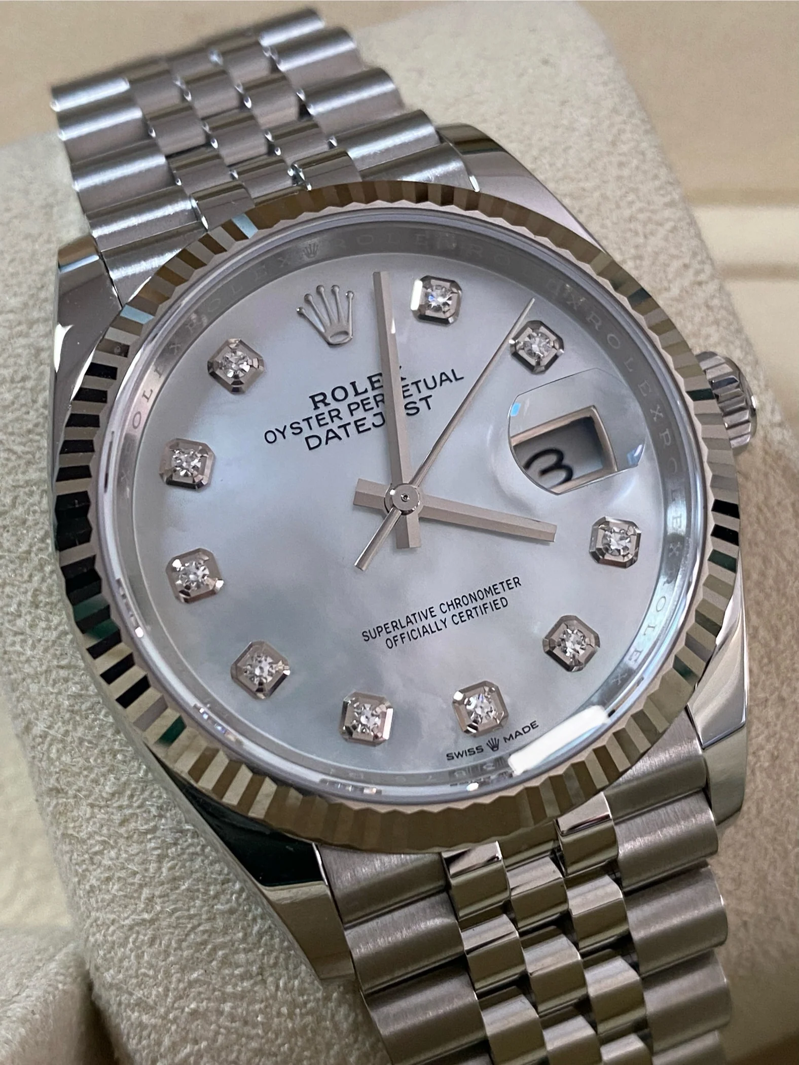 Rolex Steel Datejust 36 - 2024 - Fluted Bezel - Mother-of-Pearl Diamond Dial - Jubilee Bracelet - 126234 *FULL SET*