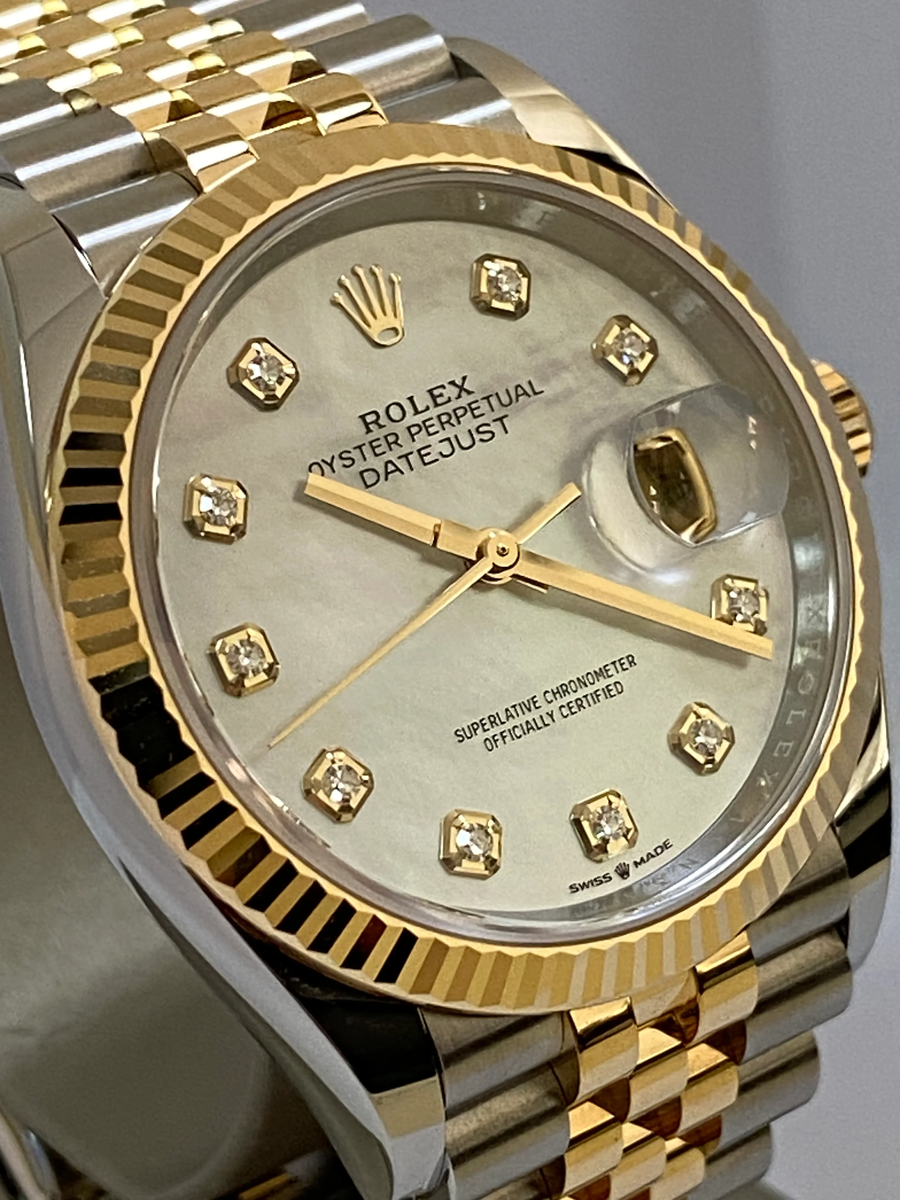 Rolex Steel and Yellow Gold Datejust 36 - 2023 - Fluted Bezel - White Mother-Of-Pearl Diamond-Set Dial - Jubilee Bracelet - 126233