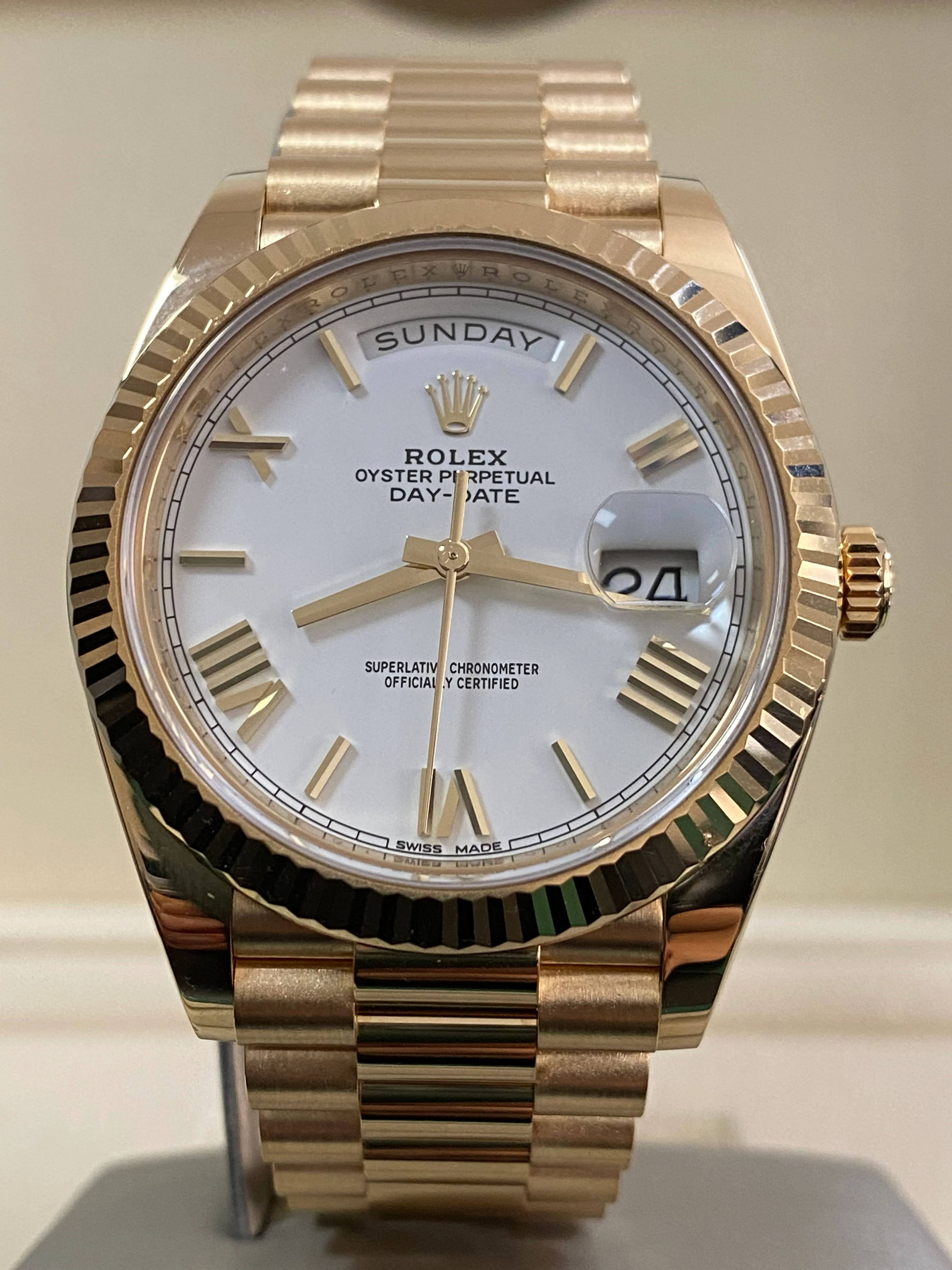 Rolex Yellow Gold Day-Date 40 - 2017 - Fluted Bezel - White Roman Dial - President Bracelet - 228238 *FULL SET*