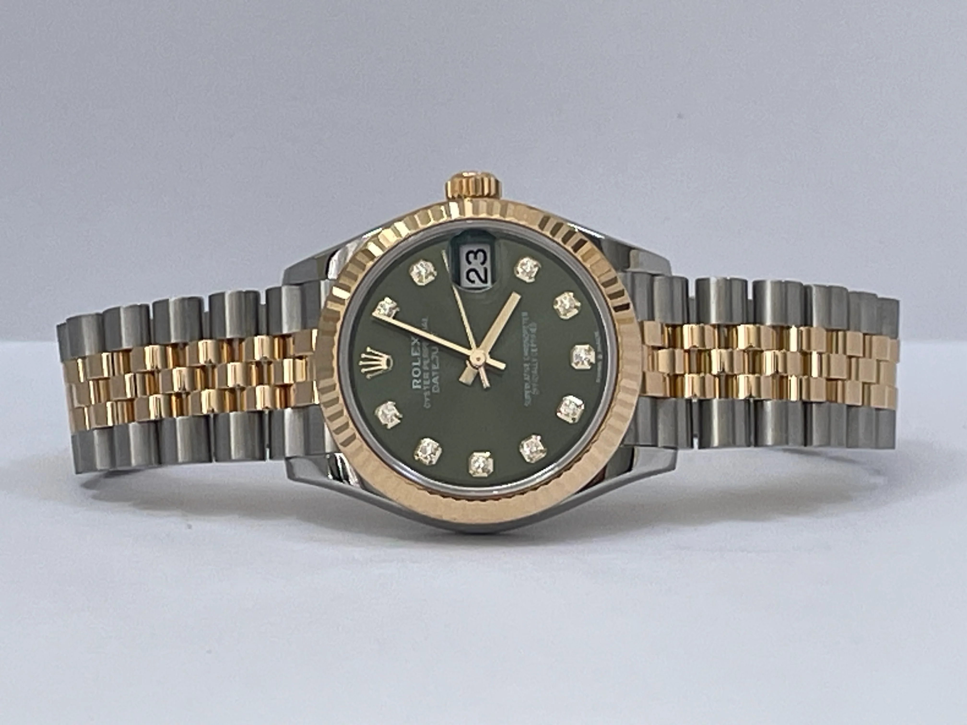 Rolex Steel and Yellow Gold Datejust 31 - 2022 - Fluted Bezel - Olive Green Diamond Dial - Jubilee Bracelet - 278273