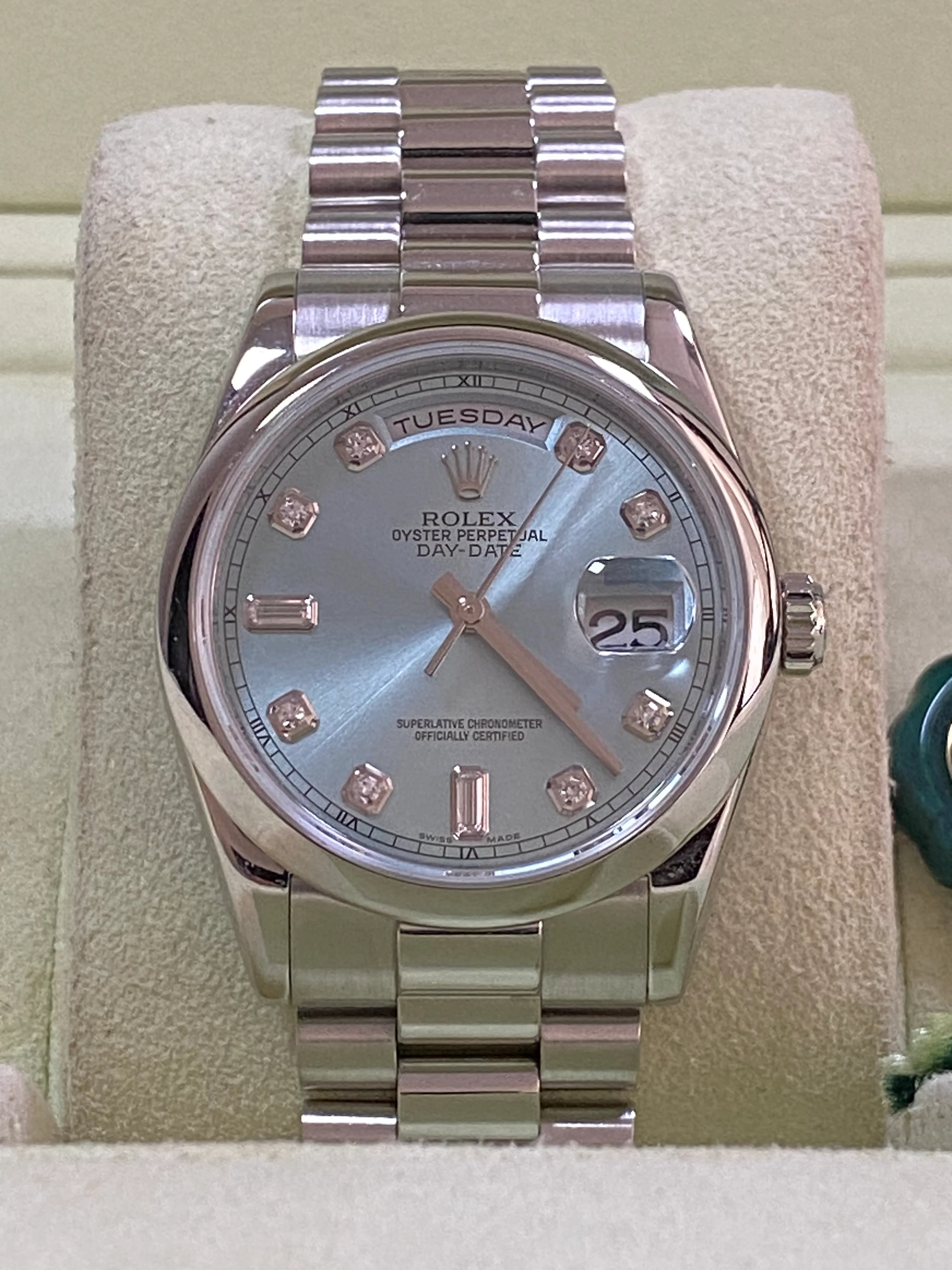 Rolex Platinum Day-Date 36 - M Serial - Domed Bezel - Ice Blue Diamond Dial - President Bracelet - 118206