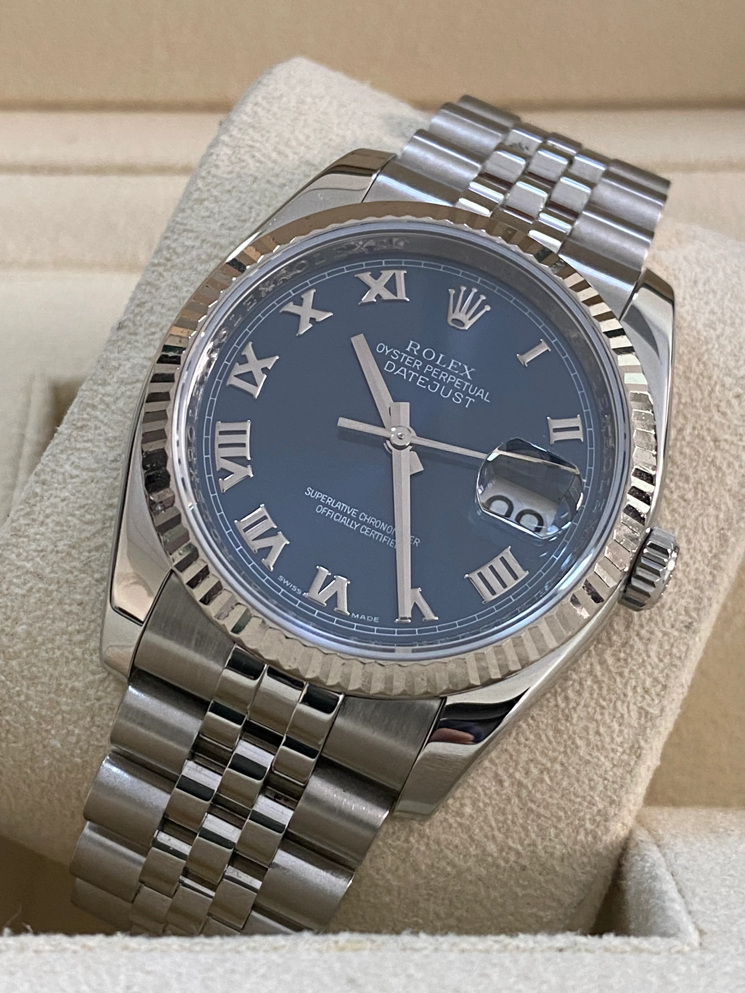 Rolex Steel Datejust 36 - 2007 - Fluted Bezel - Blue Roman Dial - Jubilee Bracelet - 116234