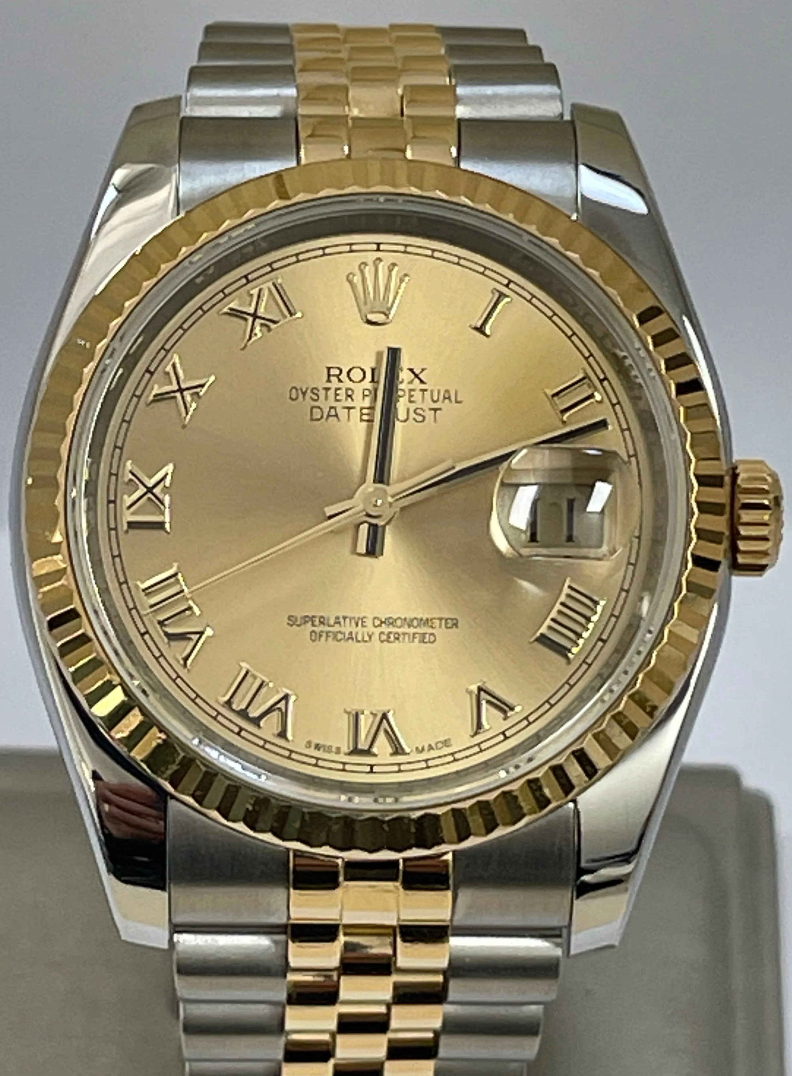 Rolex Steel and Yellow Gold Datejust 36 - 2012 - Fluted Bezel - Champagne Roman Dial - Jubilee Bracelet - 116233