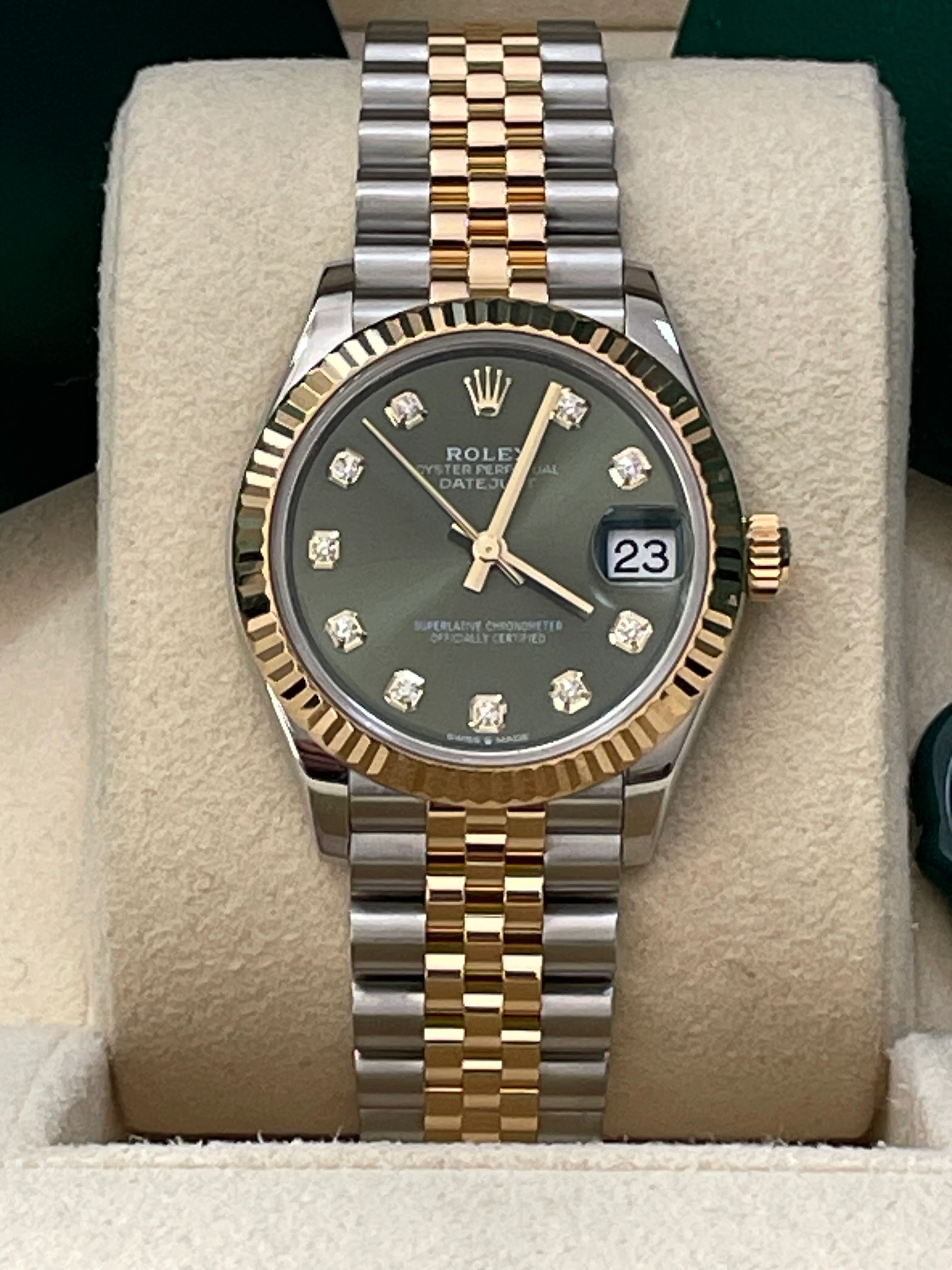 Rolex Steel and Yellow Gold Datejust 31 - 2022 - Fluted Bezel - Olive Green Diamond Dial - Jubilee Bracelet - 278273