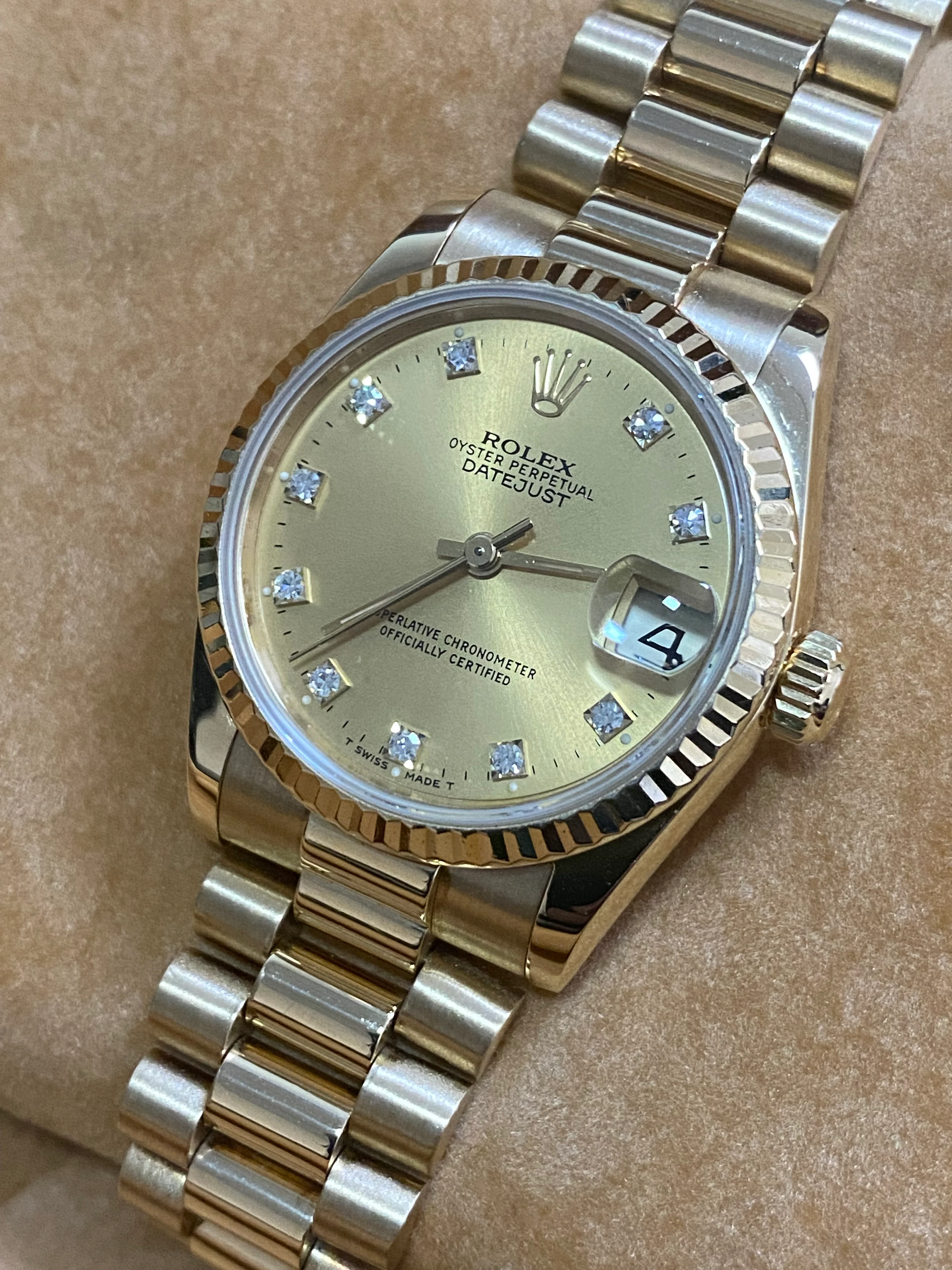 Rolex Yellow Gold Datejust 31 - N Serial - Fluted Bezel - Factory Diamond Dial - President Bracelet - 68278