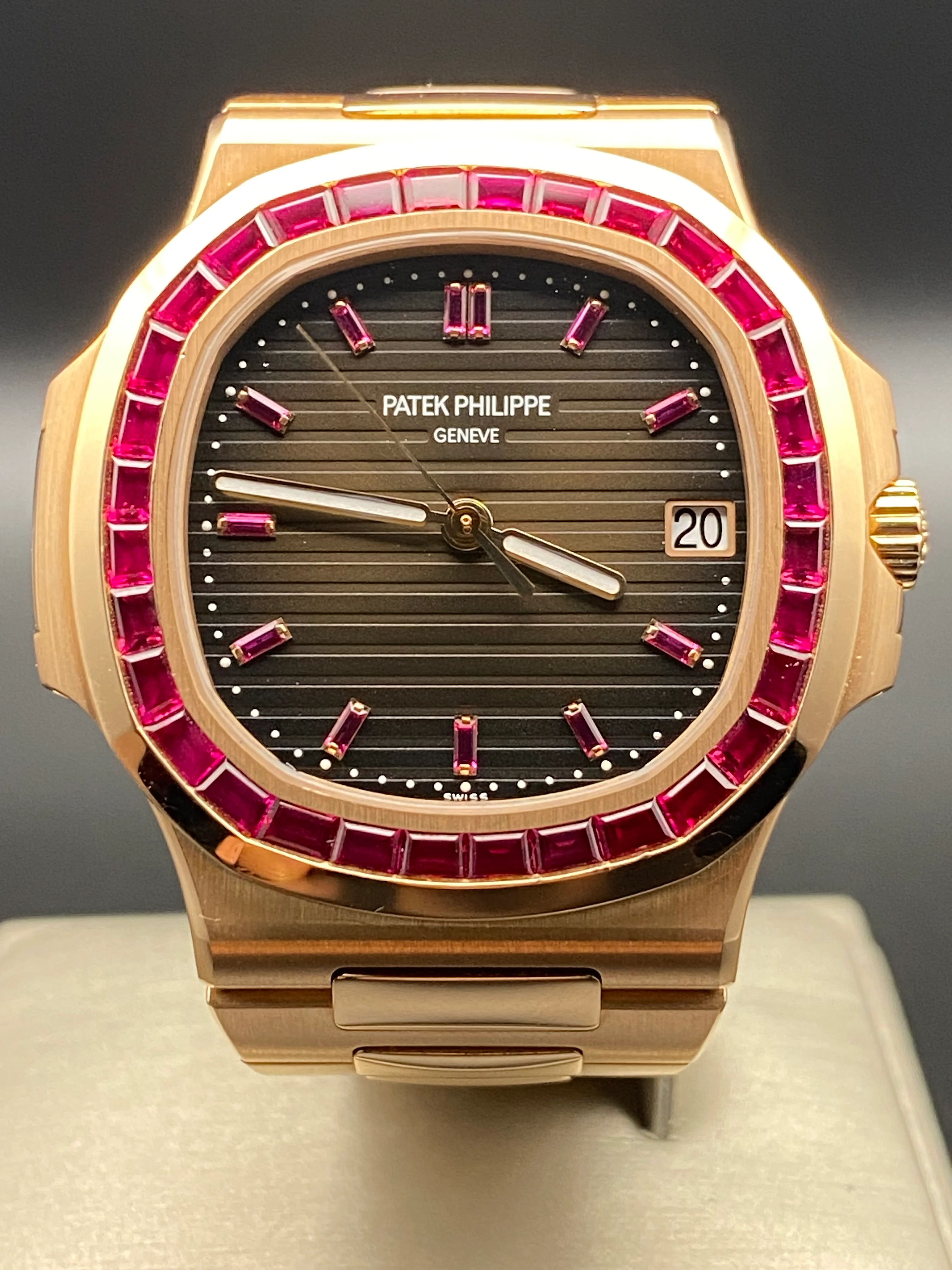 Patek Philippe Rose Gold Nautilus - 2015 - Ruby Baguette Bezel - Brown Baguette Dial - 5723/112R-001