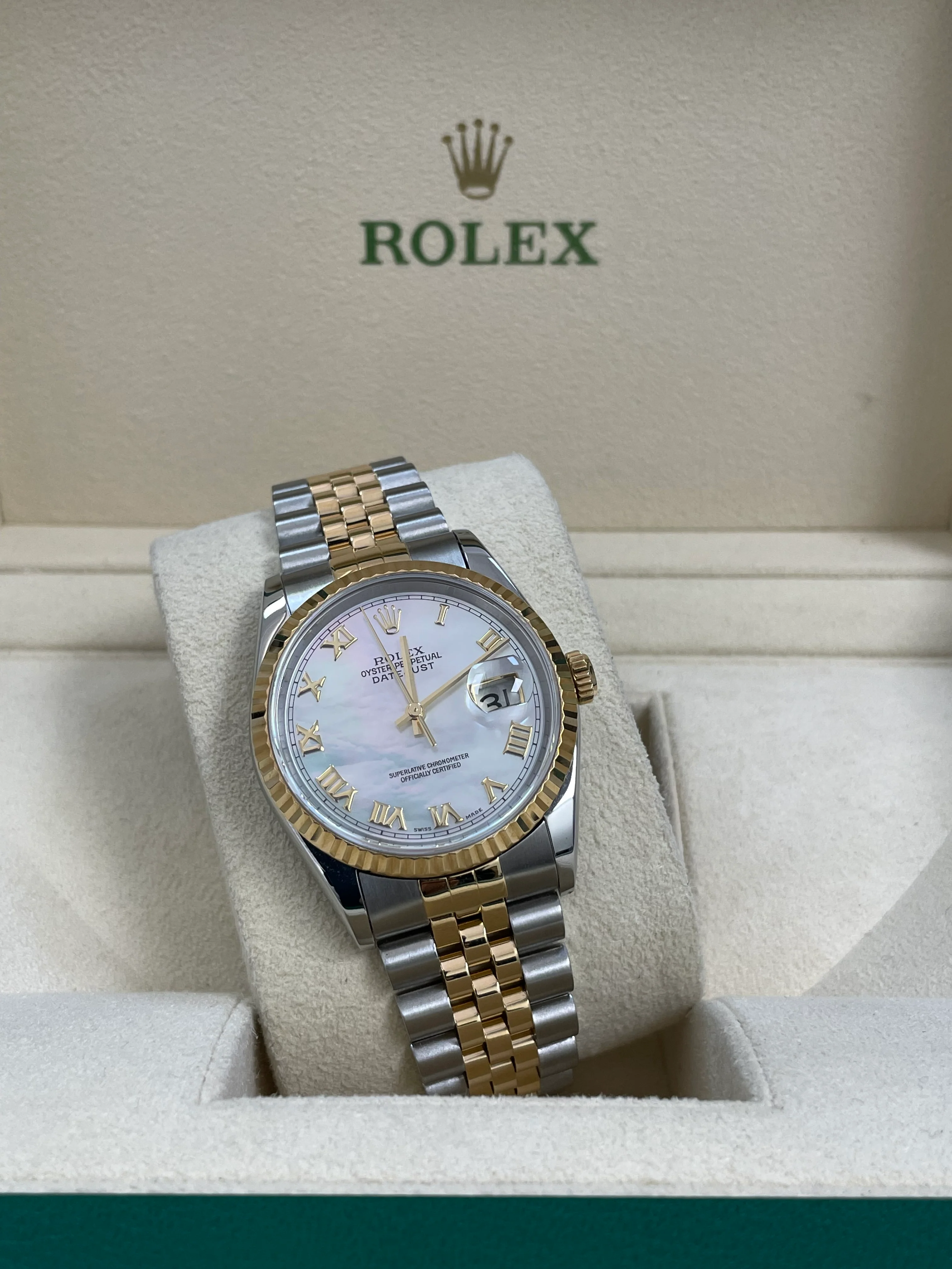 Rolex Steel and Yellow Gold Datejust 36 - U Serial - Fluted Bezel - Mother of Pearl Roman Dial - Jubilee Bracelet - 16233