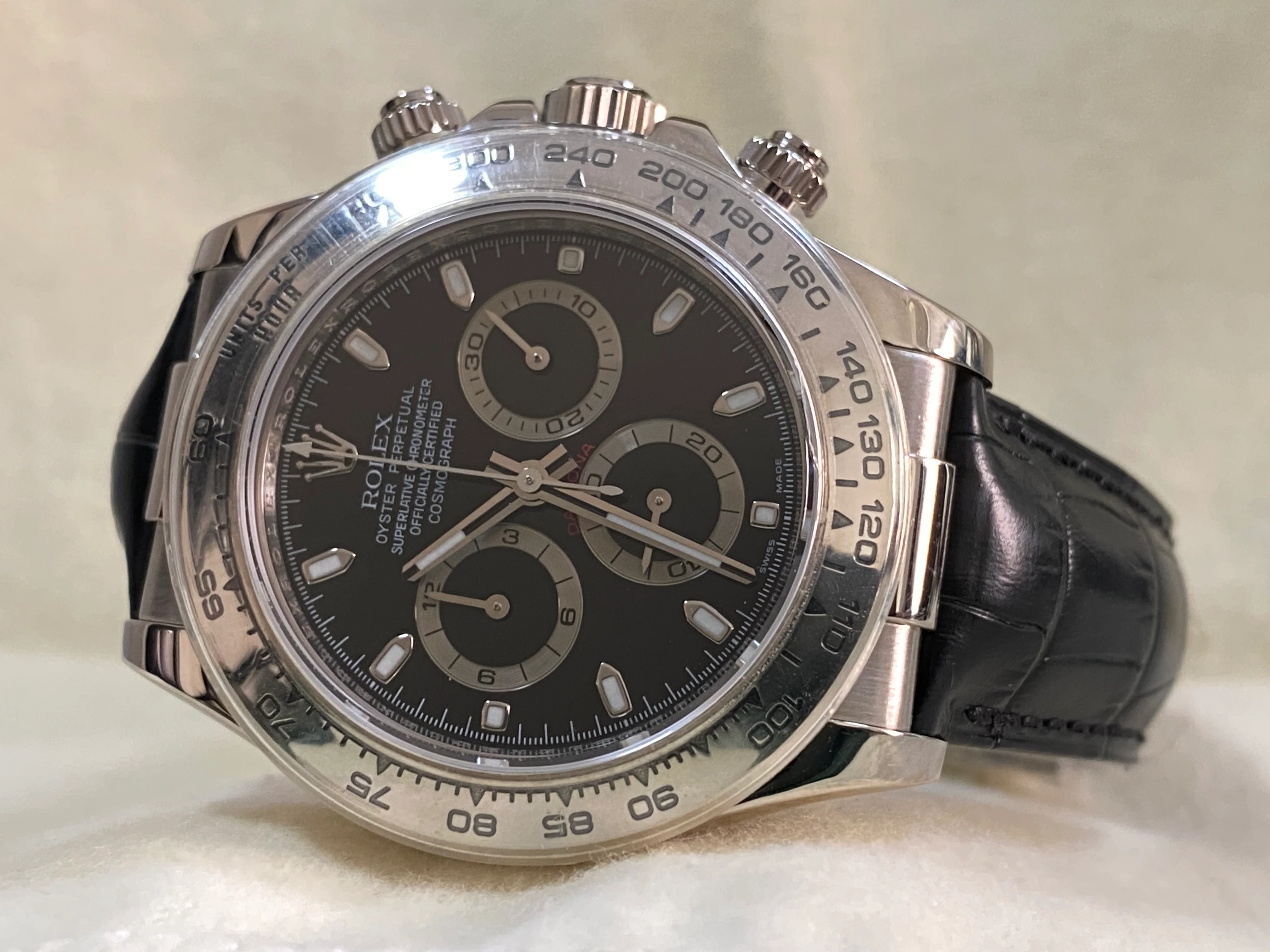 Rolex White Gold Cosmograph Daytona - 2007 - Black Dial - New Black Leather Strap - 116519 FULL SET
