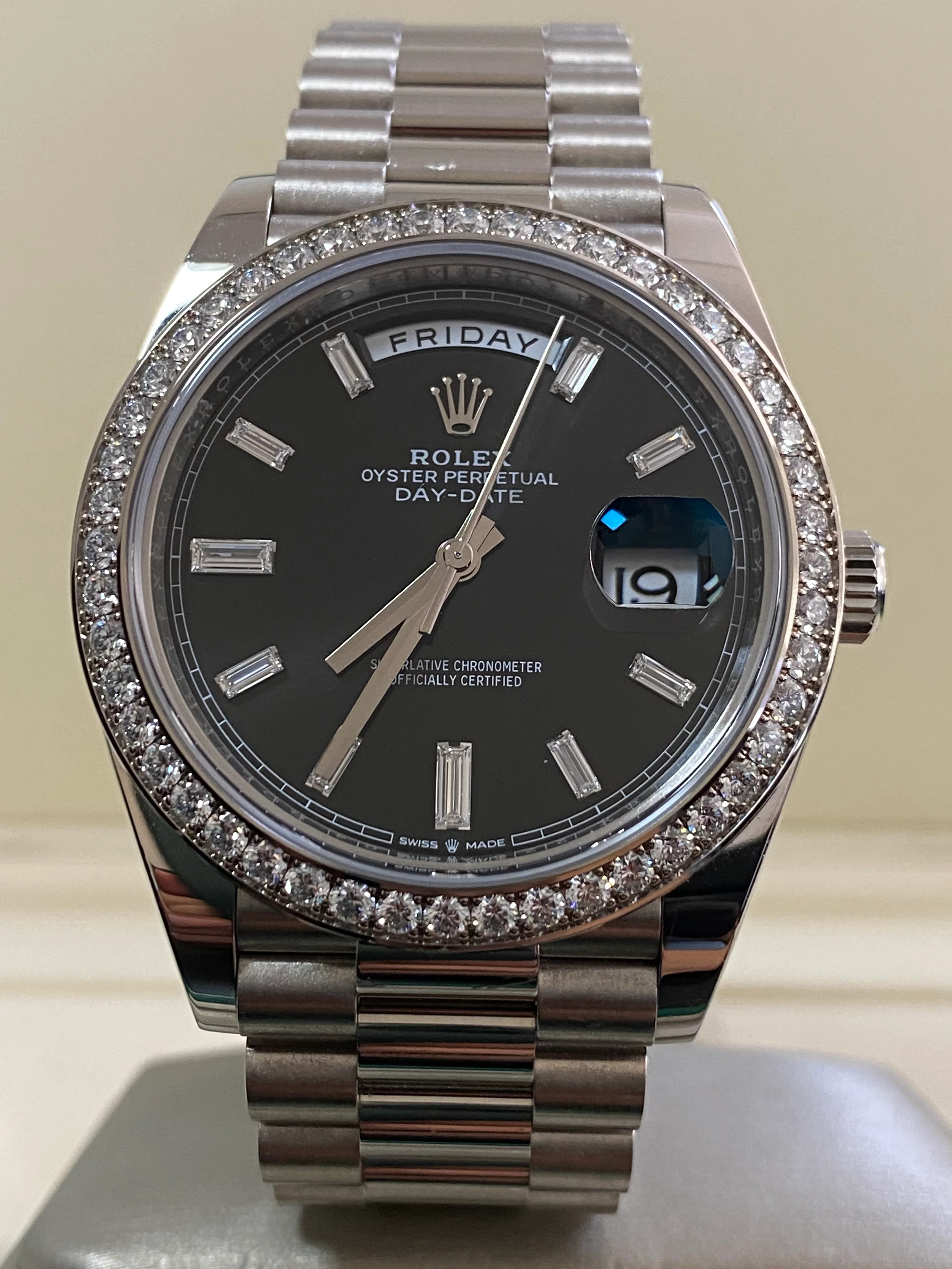 Rolex White Gold Day-Date 40 - 2023 - Diamond-Set Bezel - Black Baguette Dial - President Bracelet - 228349RBR