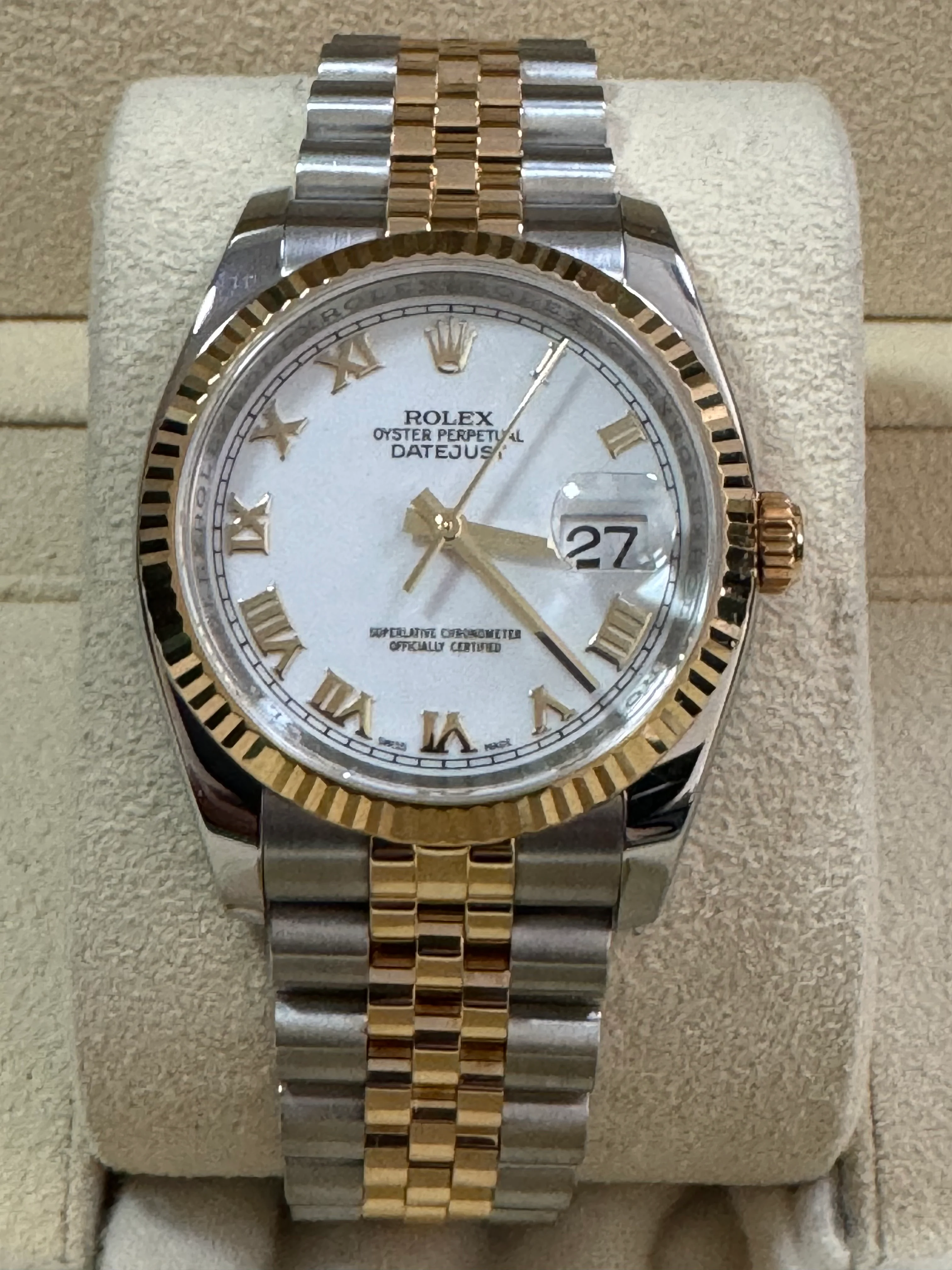 Rolex Steel and Yellow Gold Datejust 36 - D serial - Fluted Bezel - White Roman Dial - Jubilee Bracelet - 116233 COMPLETE SET