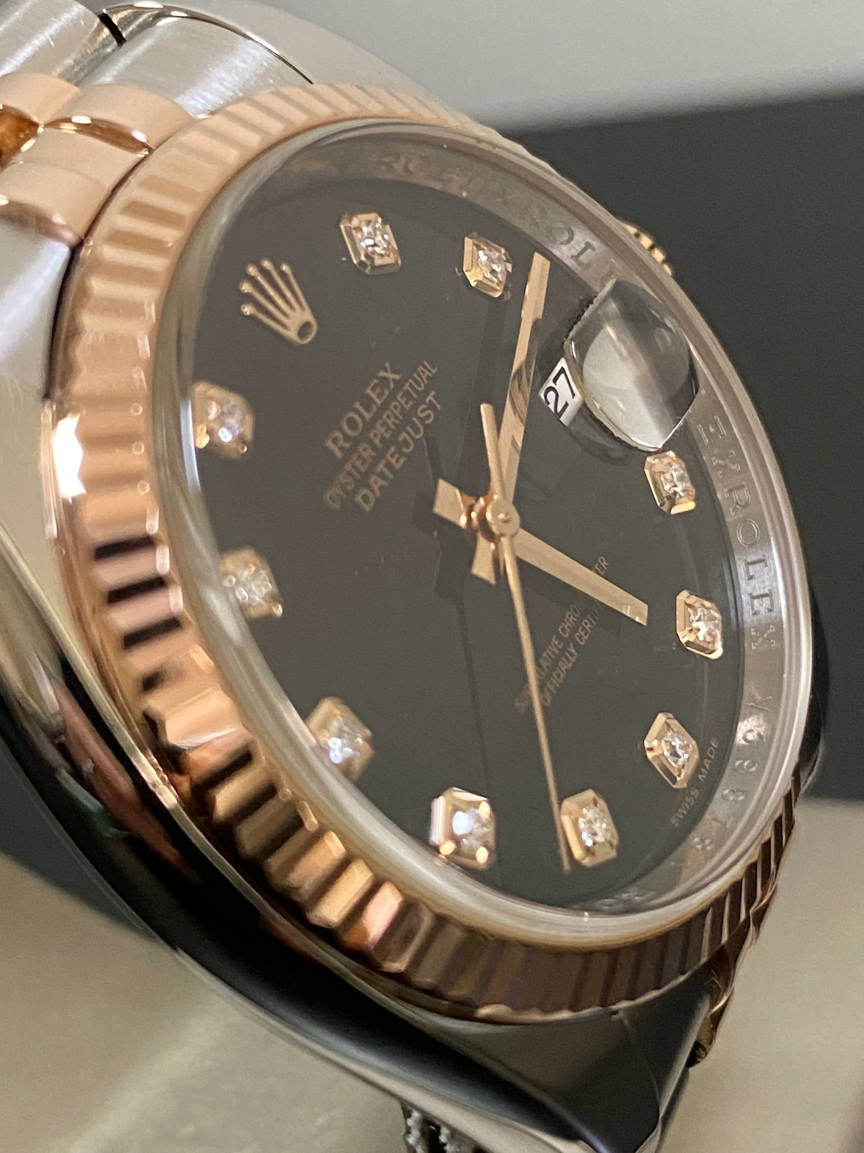 Rolex Steel and Everose Gold Datejust 36 - 2009 - Fluted Bezel - Black Diamond Dial - Jubilee Bracelet - 116231