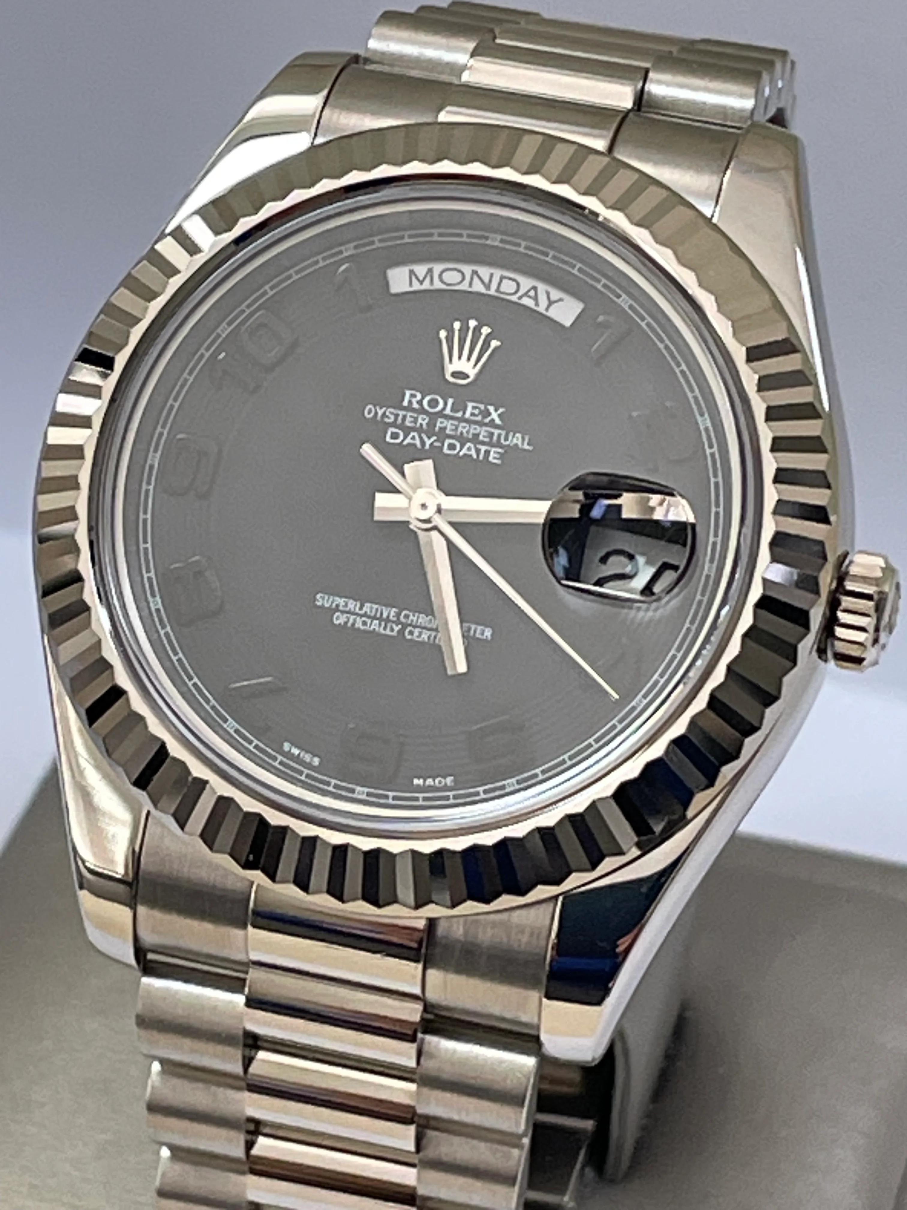 Rolex White Gold Day-Date II - 2017 - Fluted Bezel - Black Concentric Dial - President Bracelet - 218239