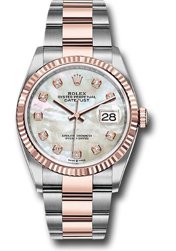 Rolex Steel and Everose Gold Datejust 36 - 2022 - Fluted Bezel - White Mother-Of-Pearl Diamond Dial - Oyster Bracelet - 126231 FULL SET