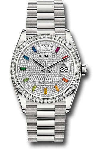 Rolex White Gold Day-Date 36 - 2024 - Diamond Bezel - Diamond Paved Rainbow Sapphire Dial - President Bracelet - 128349RBR *FULL SET*